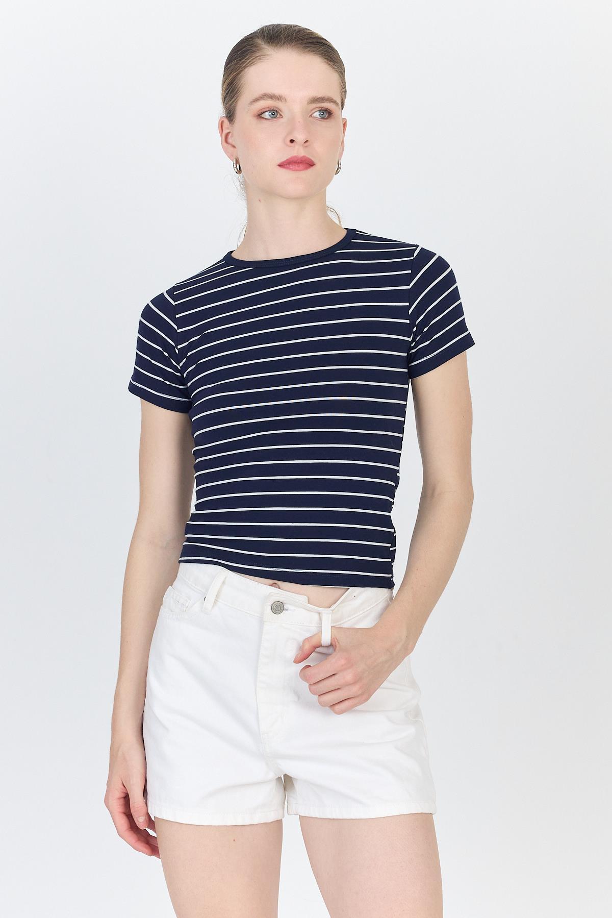 Lacivert Çizgili Pamuklu Crop Tişört 4014 - 3