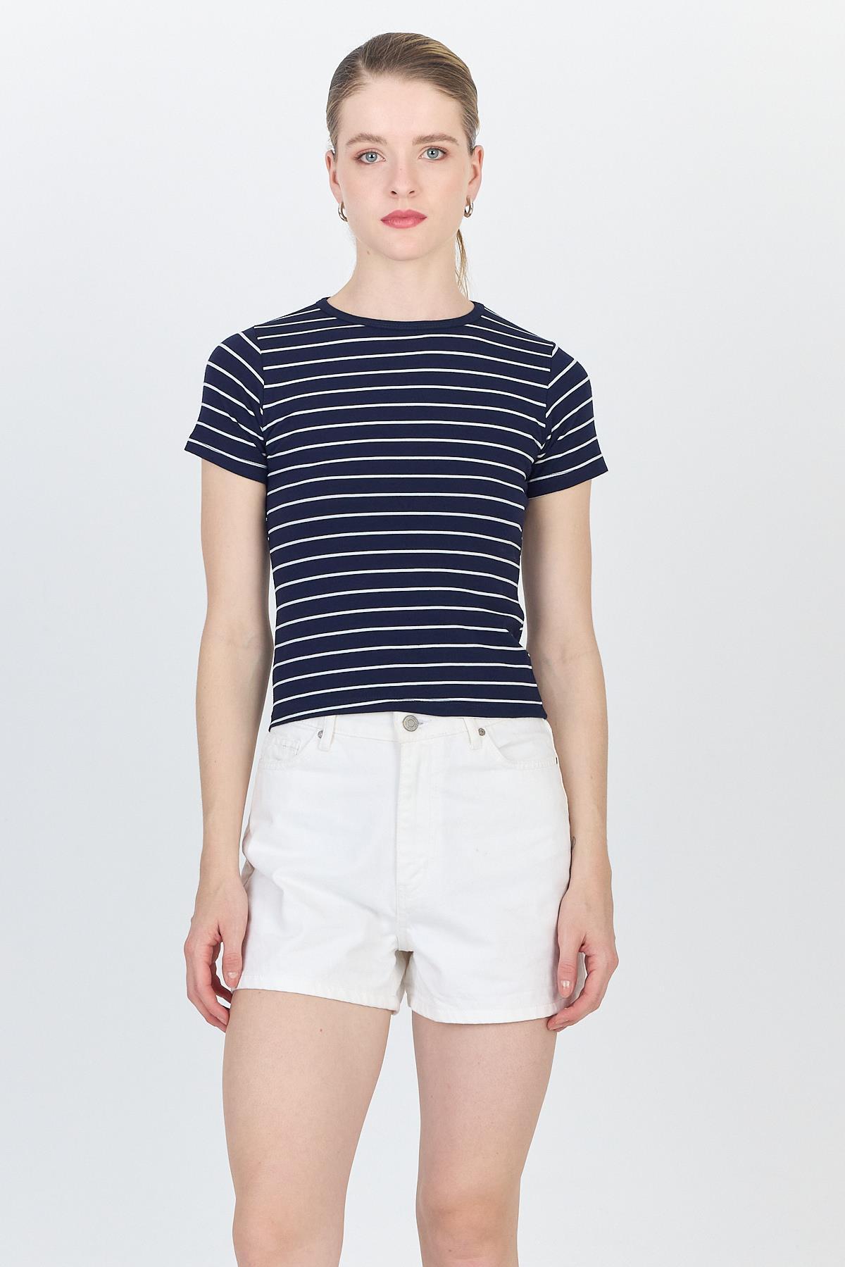 Lacivert Çizgili Pamuklu Crop Tişört 4014 - 2