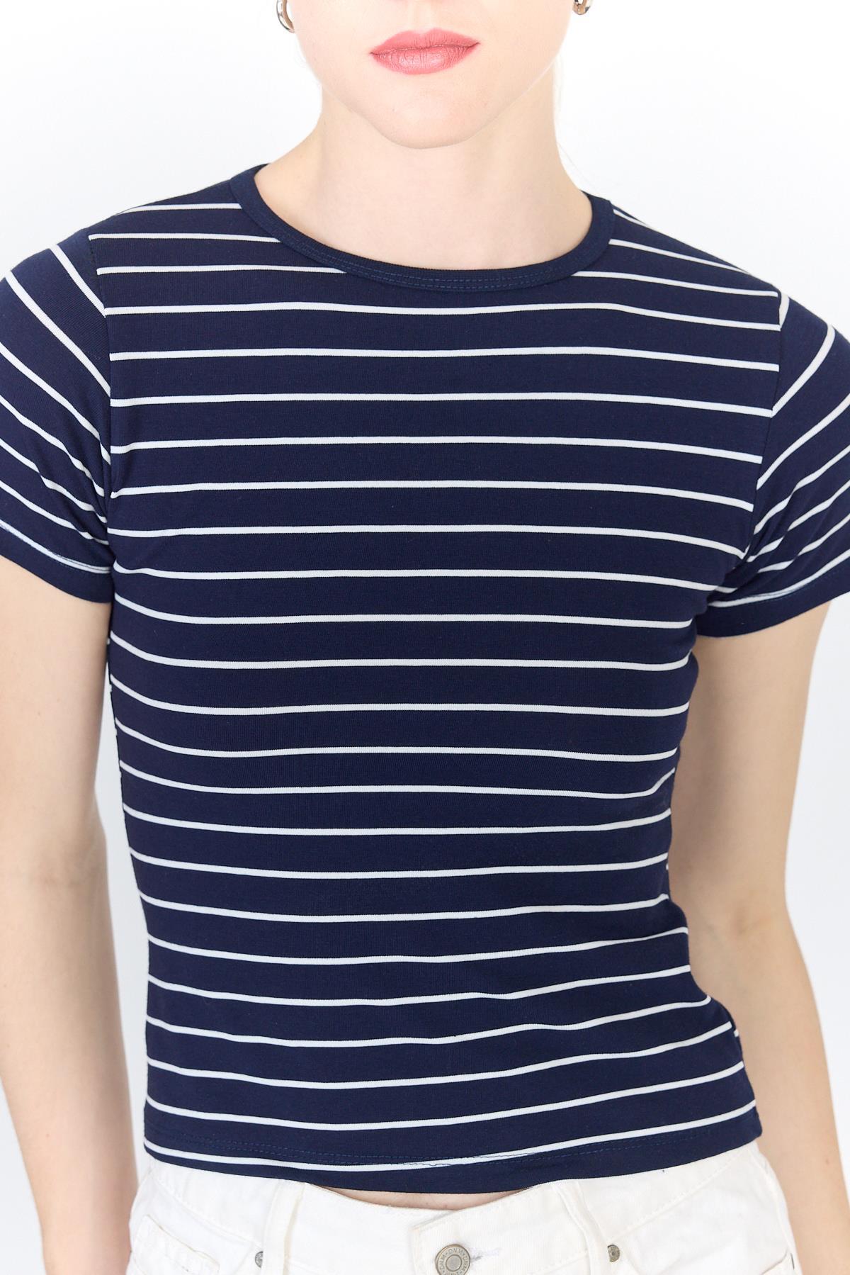 Lacivert Çizgili Pamuklu Crop Tişört 4014 - 4
