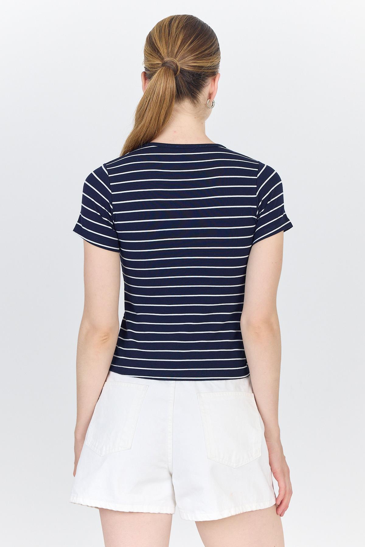 Lacivert Çizgili Pamuklu Crop Tişört 4014 - 5