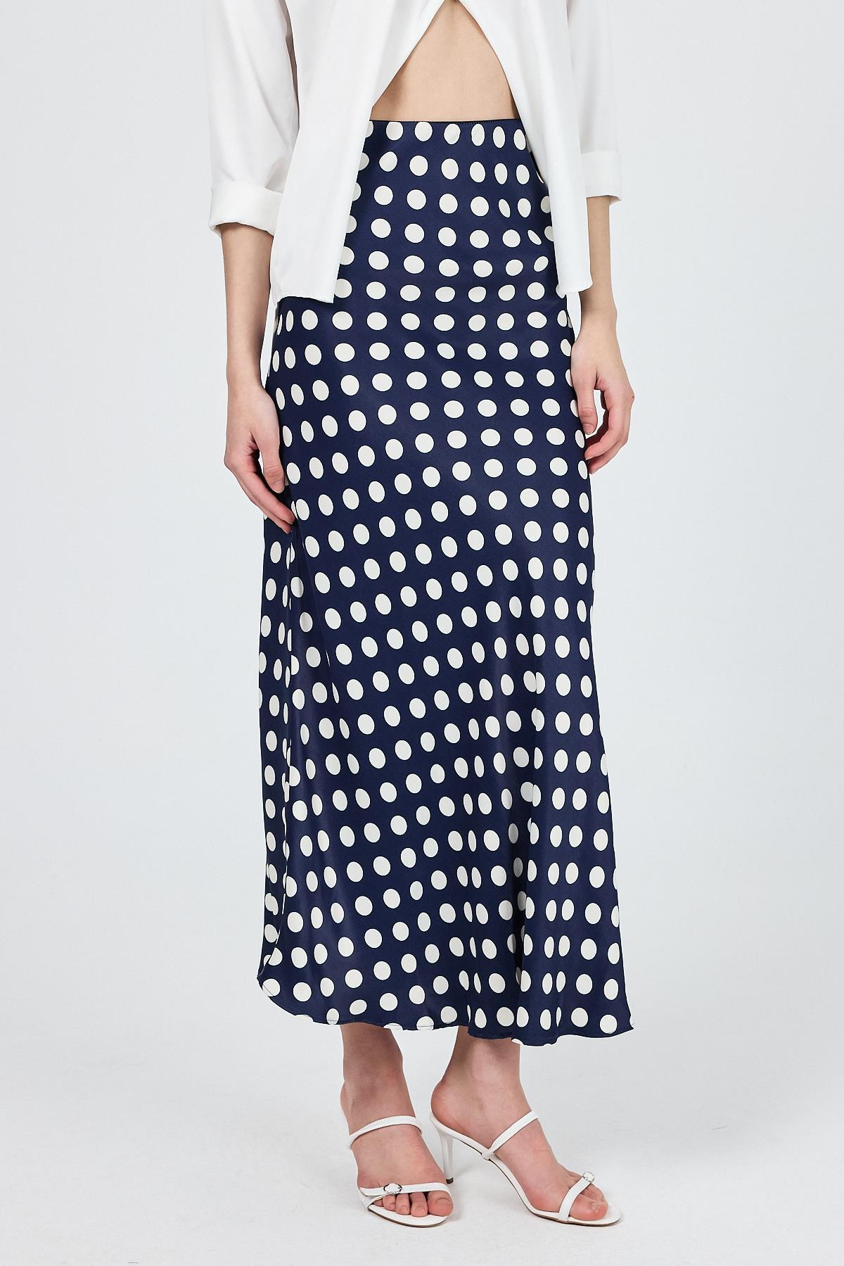 Lacivert Puantiye Desen Saten Midi Etek 9416 - RAYS