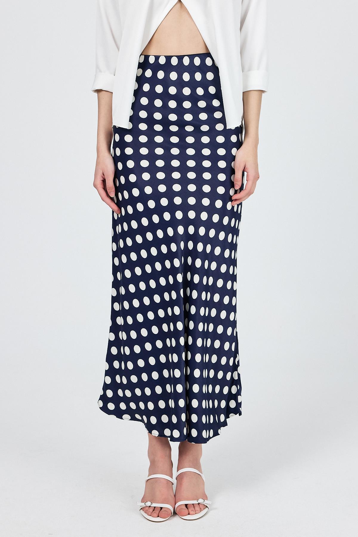 Lacivert Puantiye Desen Saten Midi Etek 9416 - RAYS