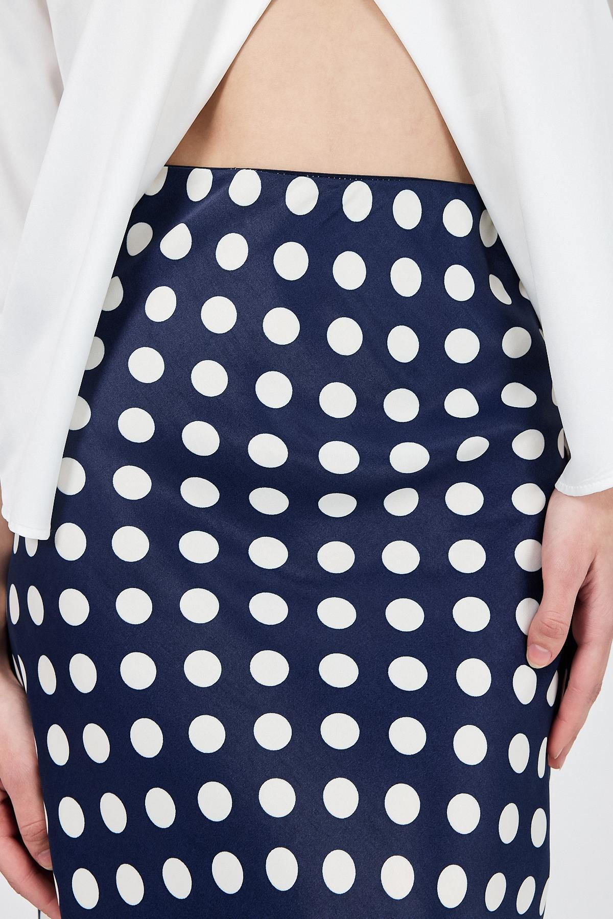 Lacivert Puantiye Desen Saten Midi Etek 9416 - 4