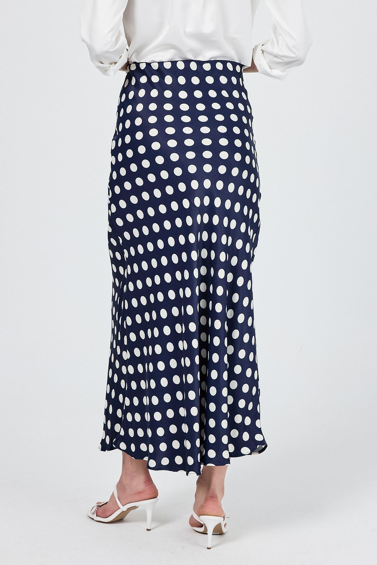 Lacivert Puantiye Desen Saten Midi Etek 9416 - 5
