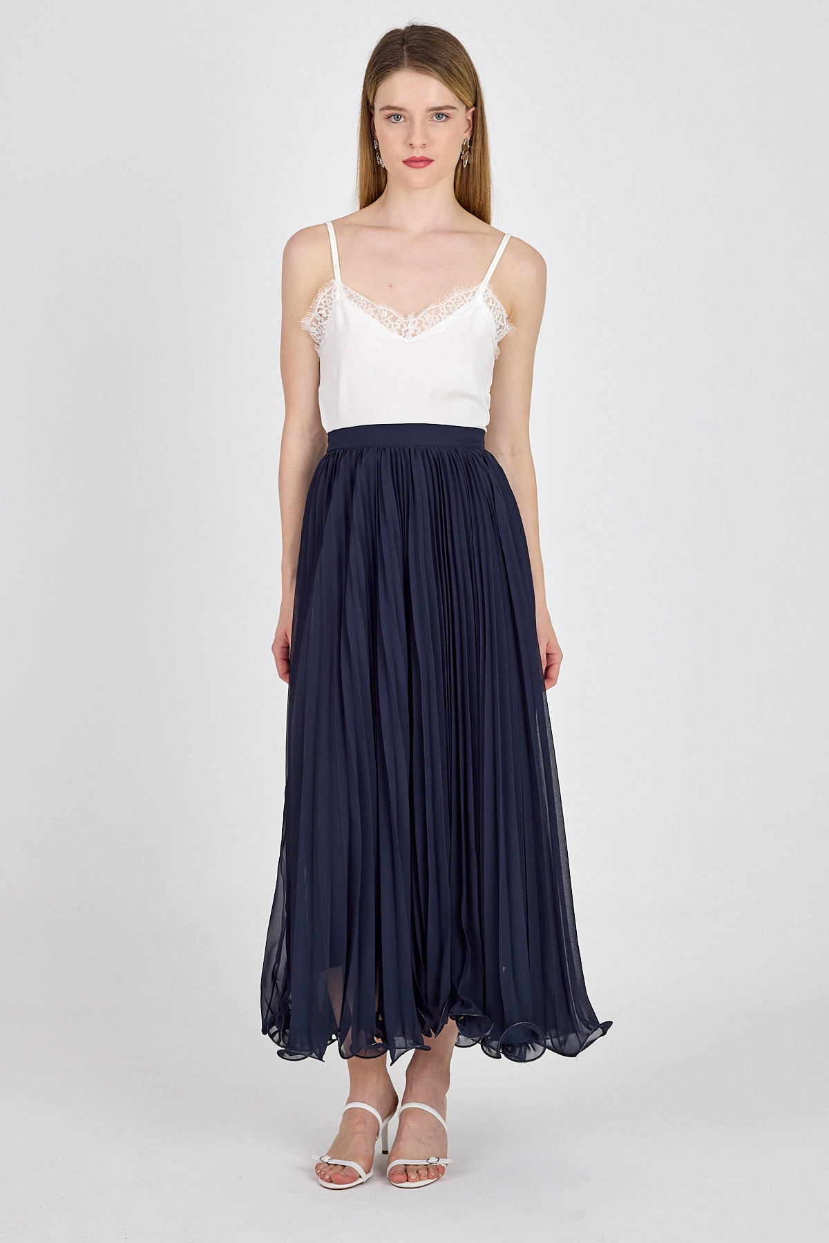 Lacivert Şifon Piliseli Yüksek Bel Maxi Etek 1003 - RAYS