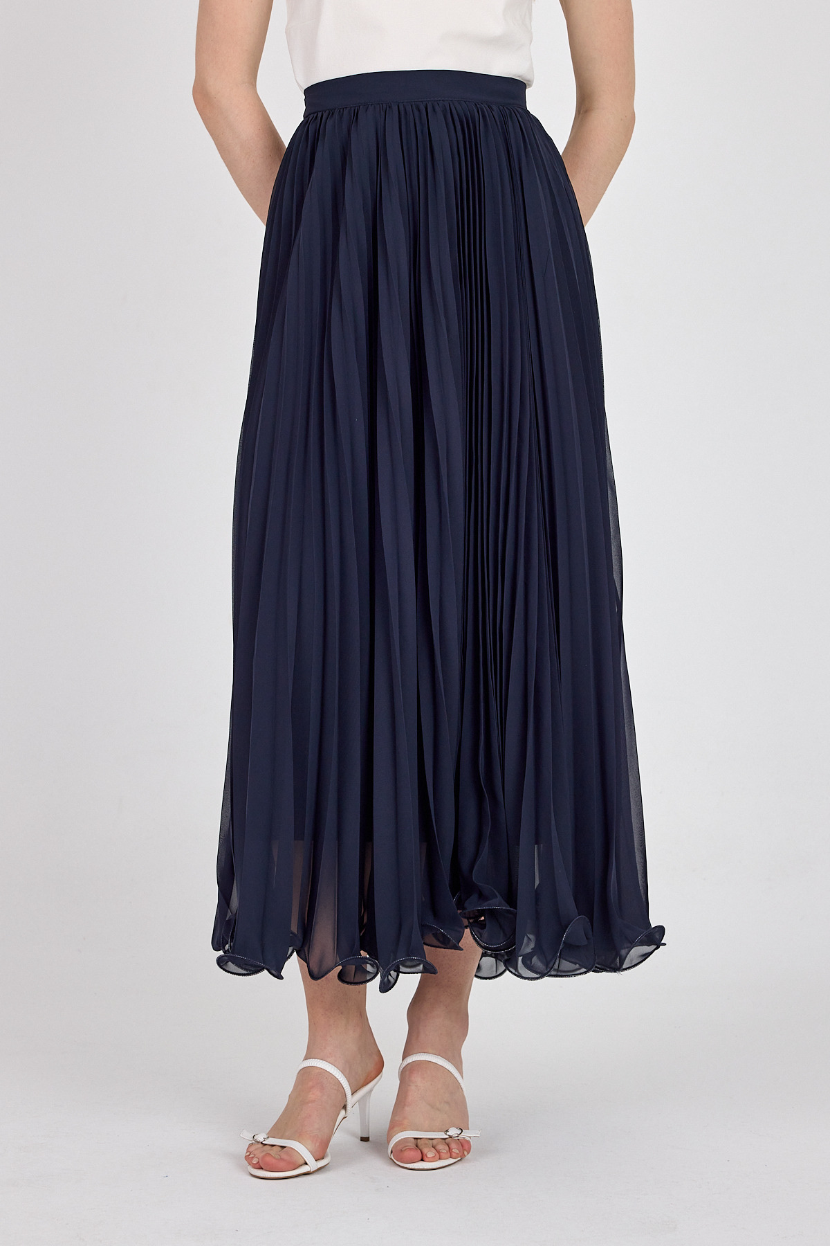 Lacivert Şifon Piliseli Yüksek Bel Maxi Etek 1003 - RAYS