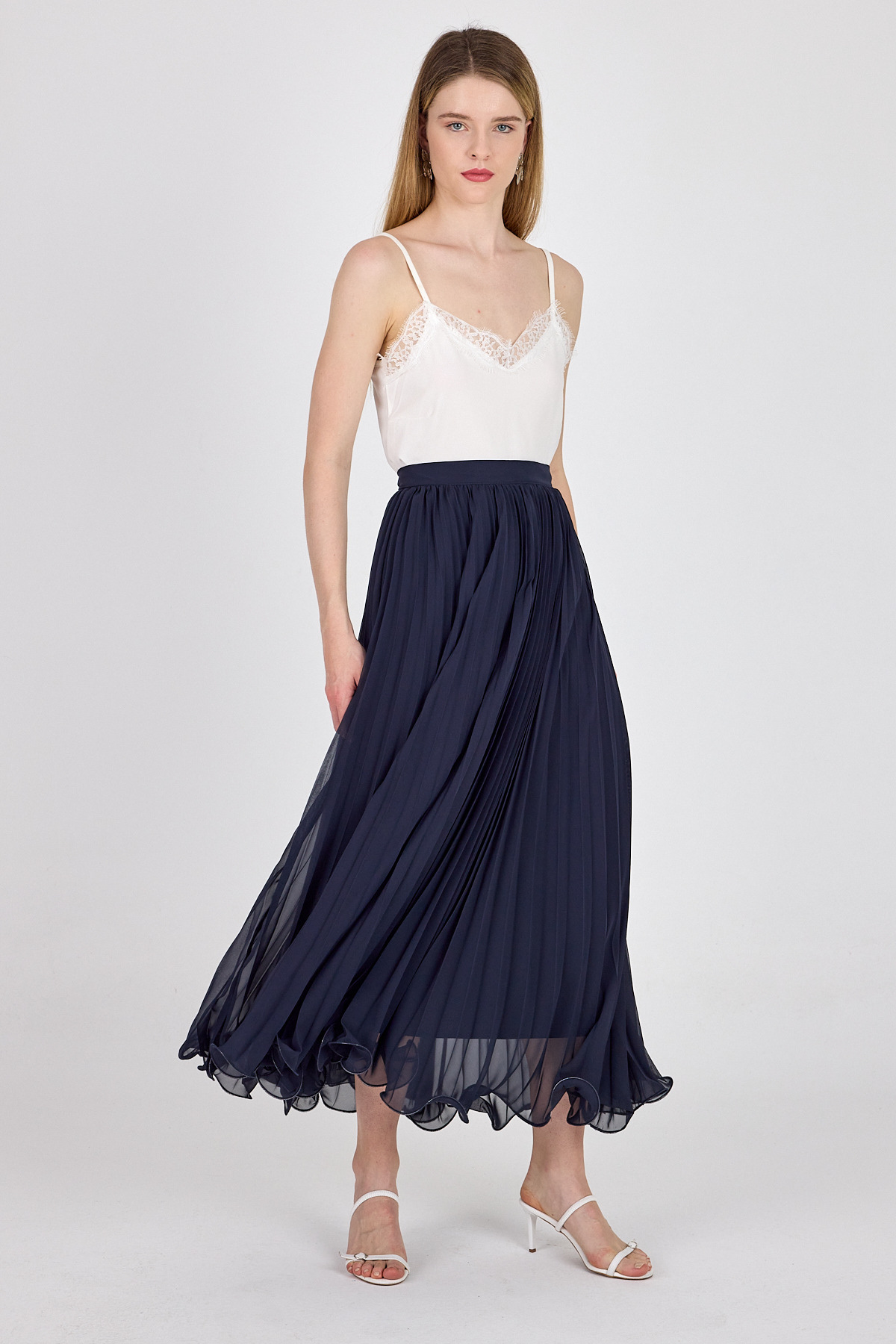 Lacivert Şifon Piliseli Yüksek Bel Maxi Etek 1003 - 6