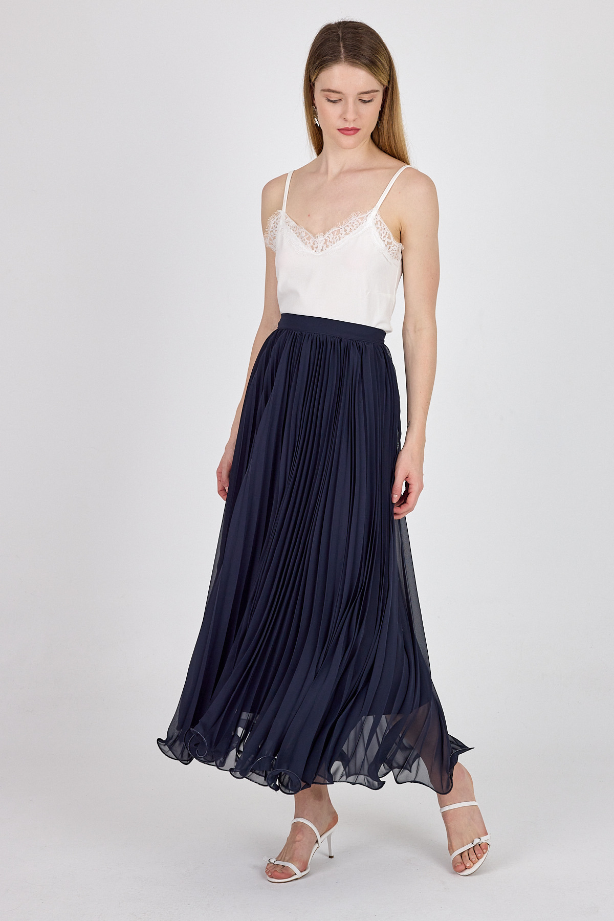 Lacivert Şifon Piliseli Yüksek Bel Maxi Etek 1003 - RAYS