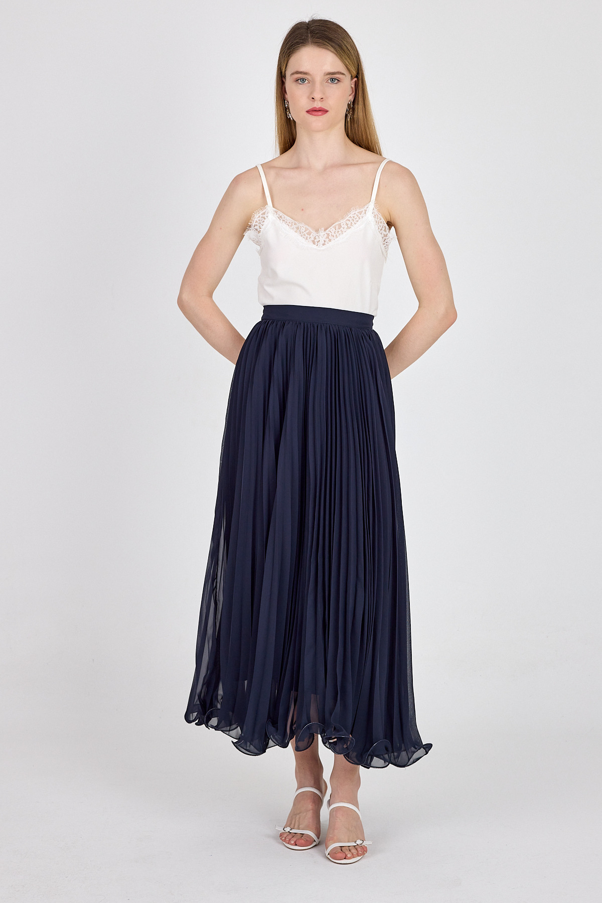 Lacivert Şifon Piliseli Yüksek Bel Maxi Etek 1003 - 7