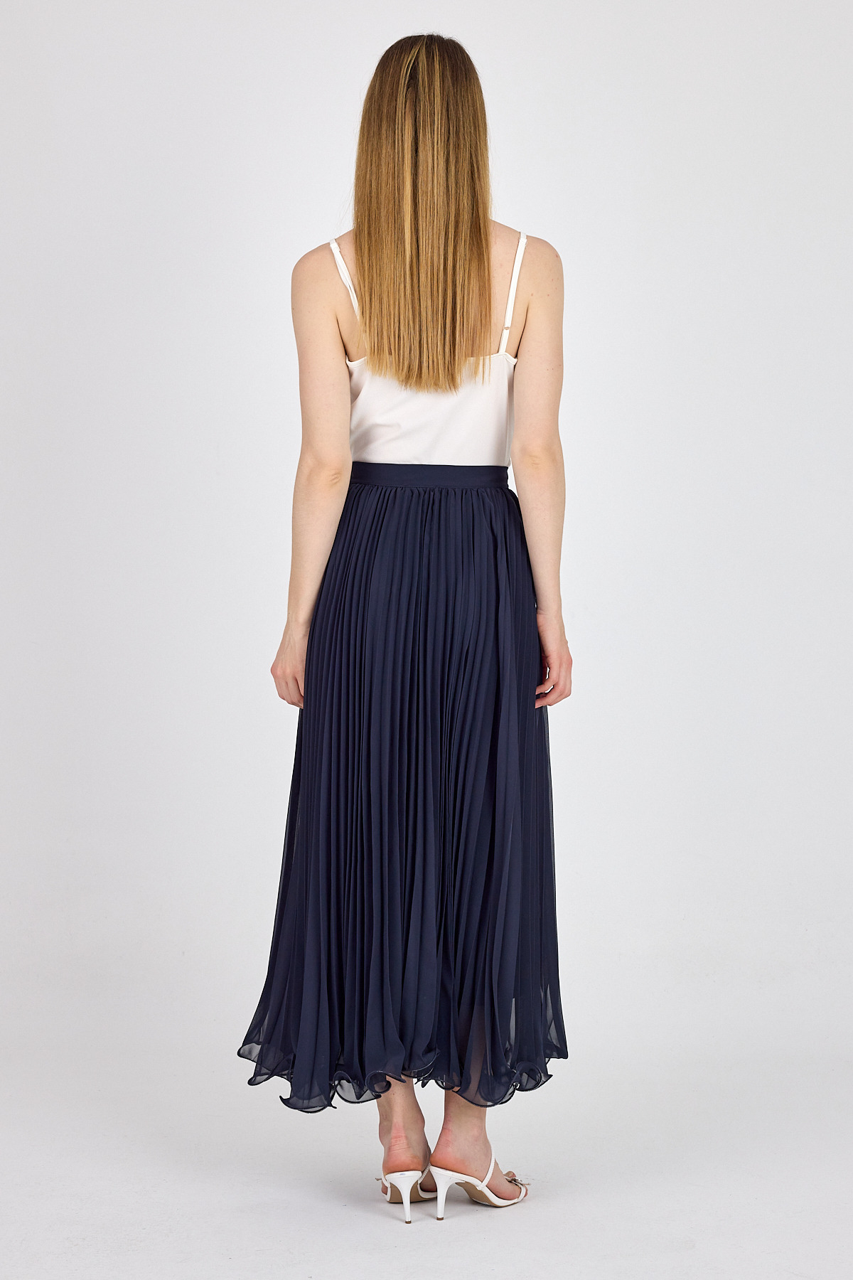 Lacivert Şifon Piliseli Yüksek Bel Maxi Etek 1003 - 5