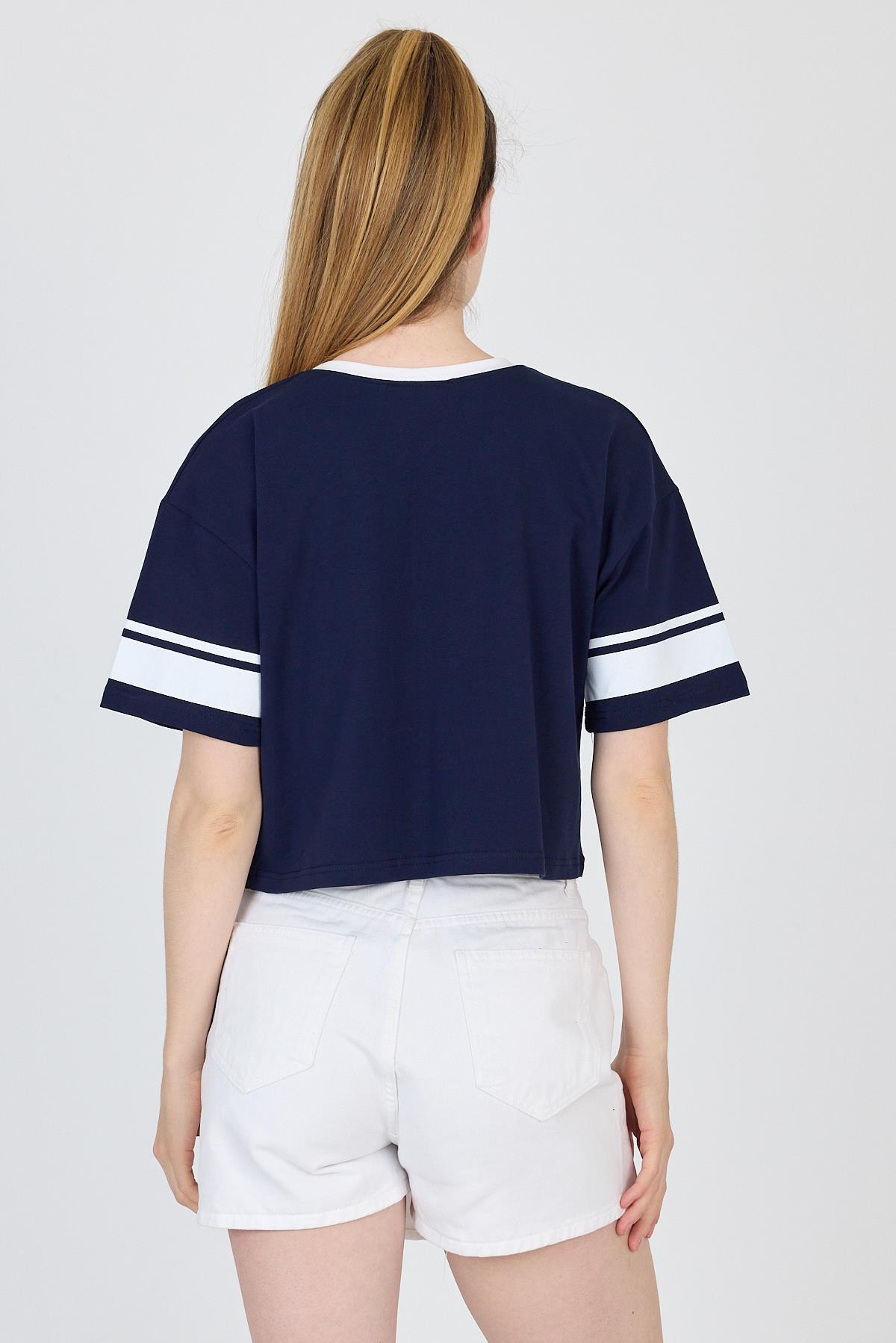 Lacivert Yazı Baskılı Crop Tişört 6584 - 5