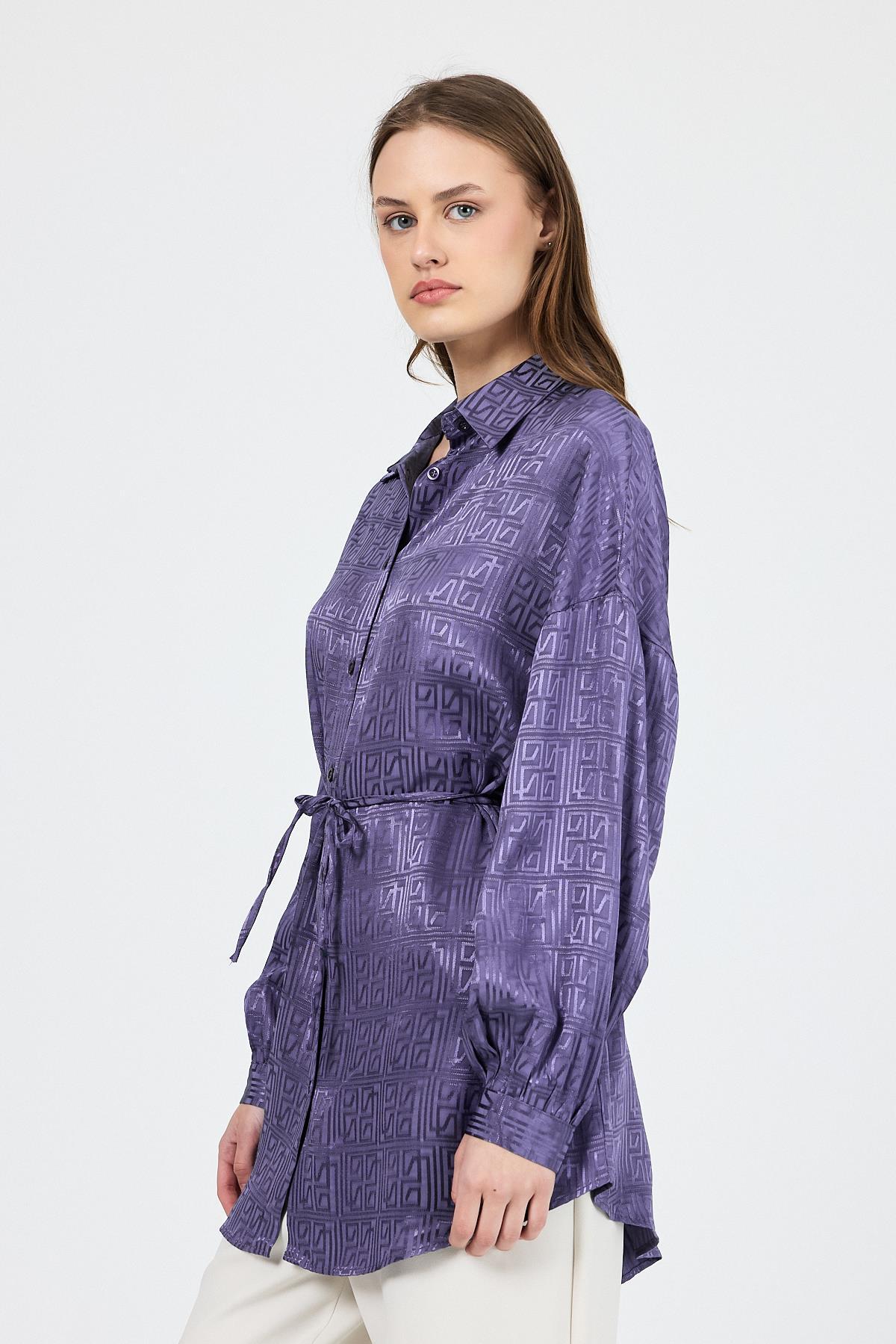 Leylak Desenli Saten Görünümlü İp Bağlama Detaylı Gömlek 4293A - 1