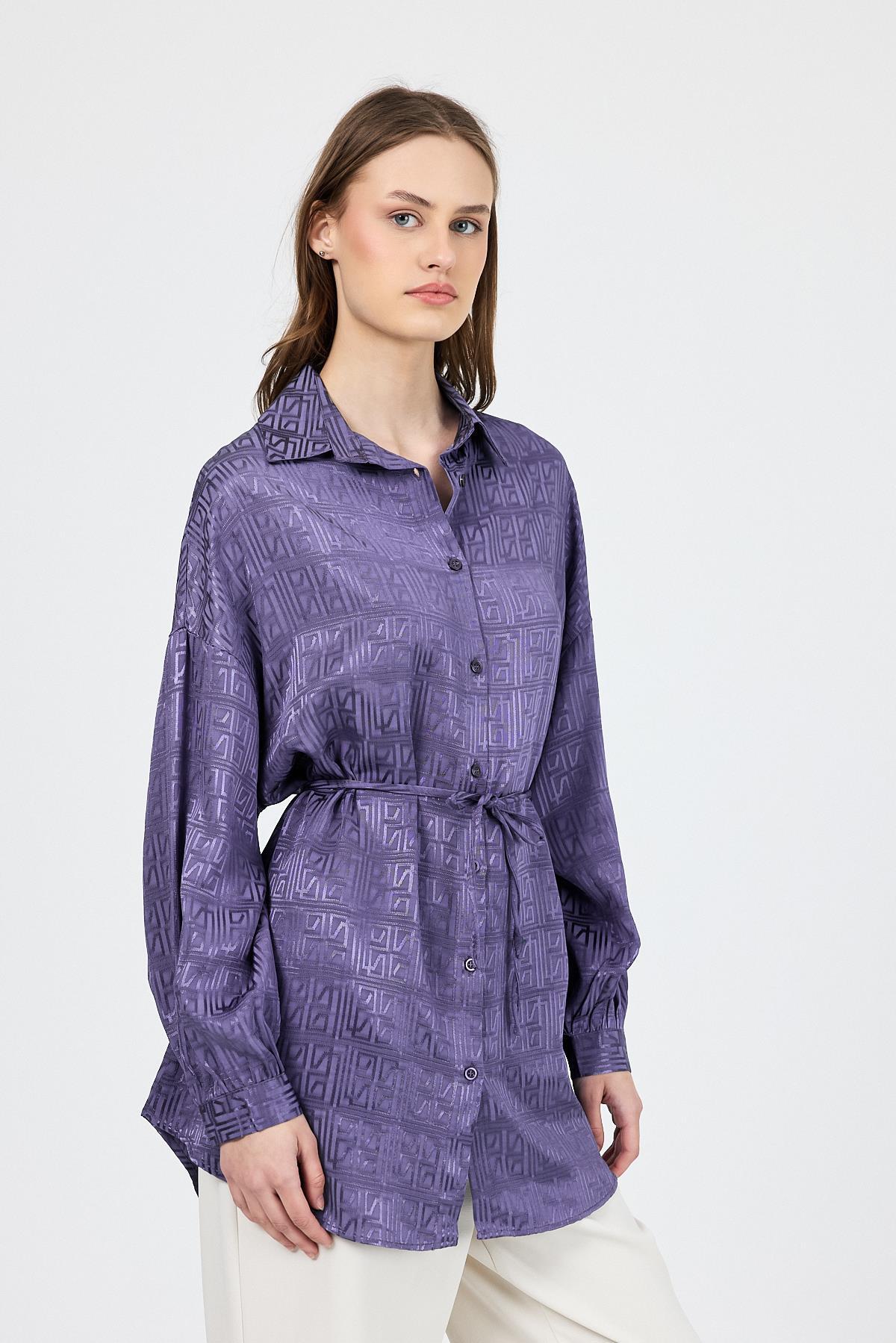 Leylak Desenli Saten Görünümlü İp Bağlama Detaylı Gömlek 4293A - 3