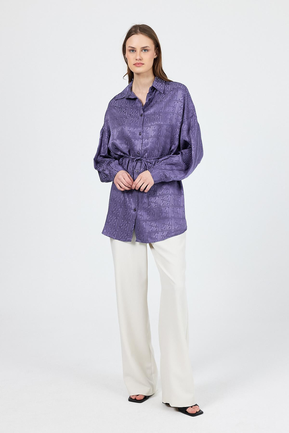 Leylak Desenli Saten Görünümlü İp Bağlama Detaylı Gömlek 4293A - 6