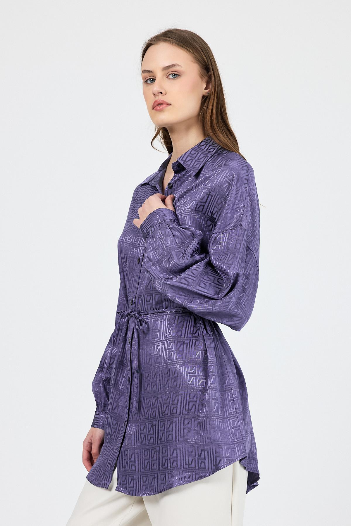 Leylak Desenli Saten Görünümlü İp Bağlama Detaylı Gömlek 4293A - 7
