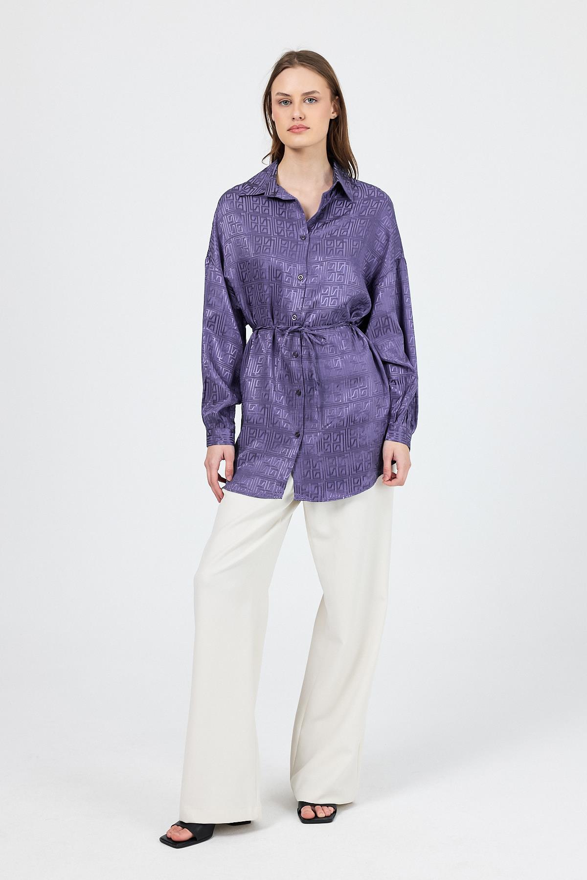 Leylak Desenli Saten Görünümlü İp Bağlama Detaylı Gömlek 4293A - 2