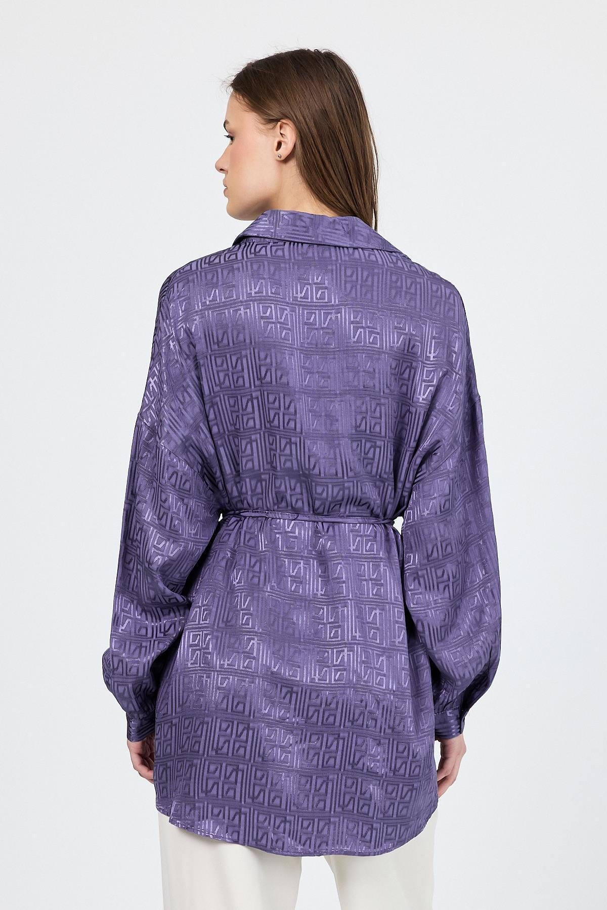 Leylak Desenli Saten Görünümlü İp Bağlama Detaylı Gömlek 4293A - 5