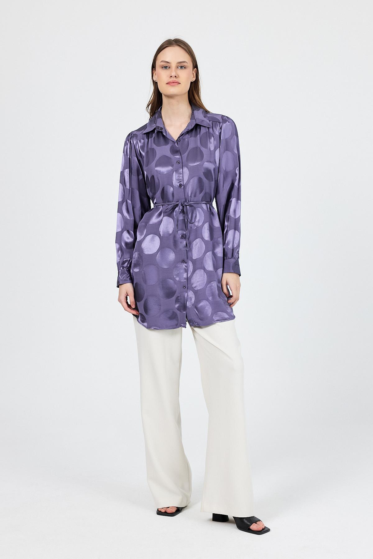 Leylak Puantiye Desen İp Bağlama Detaylı Tunik 4690A - RAYS