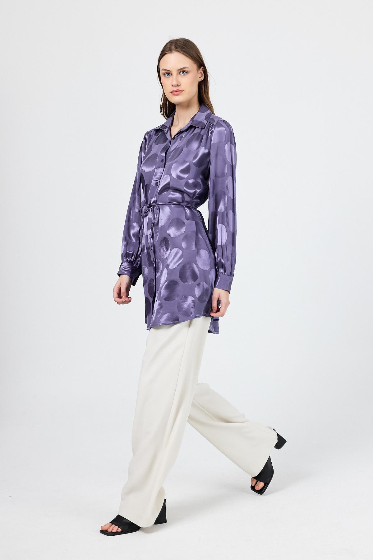 Leylak Puantiye Desen İp Bağlama Detaylı Tunik 4690A - 6