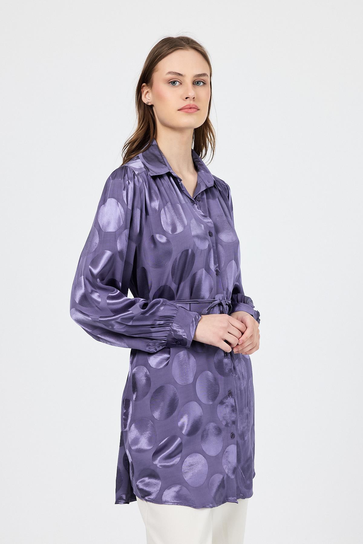 Leylak Puantiye Desen İp Bağlama Detaylı Tunik 4690A - 3