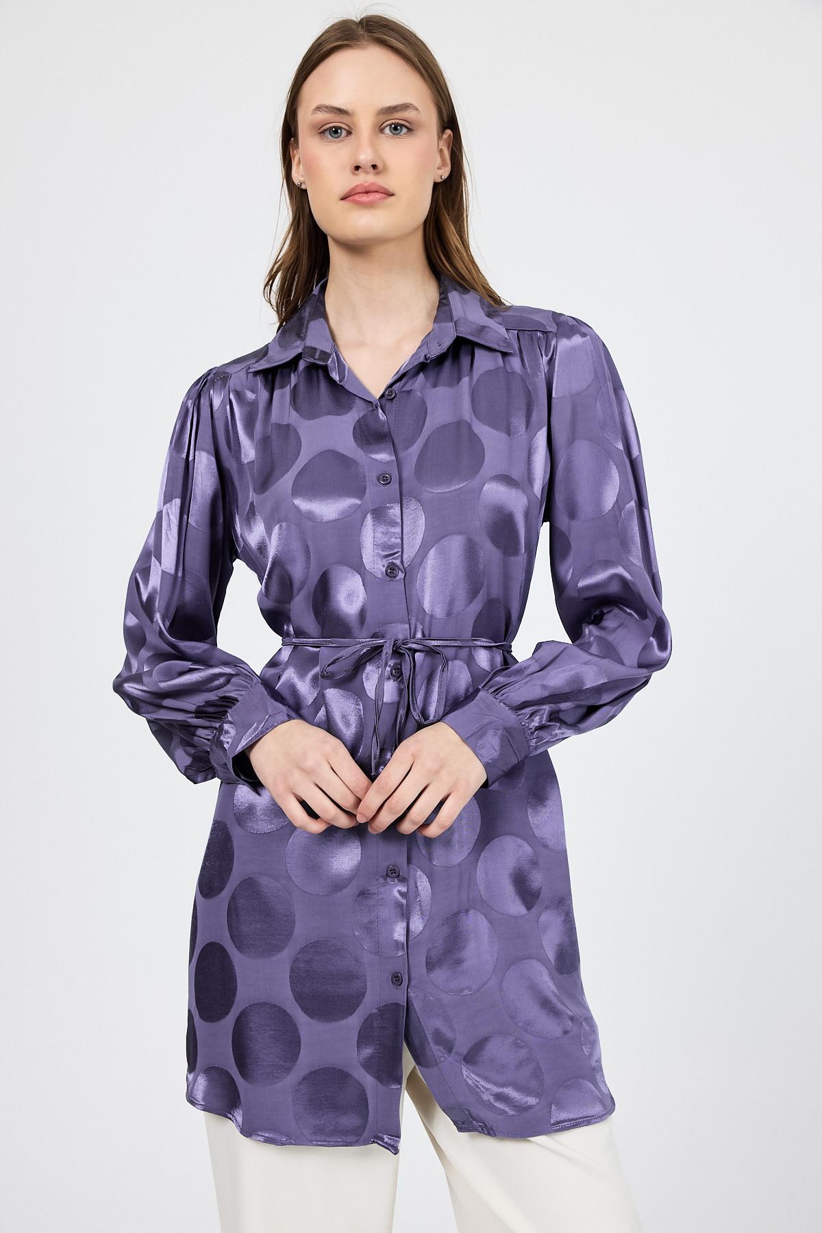 Leylak Puantiye Desen İp Bağlama Detaylı Tunik 4690A - 1