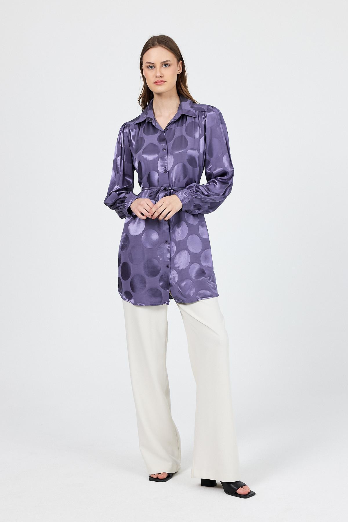 Leylak Puantiye Desen İp Bağlama Detaylı Tunik 4690A - 8