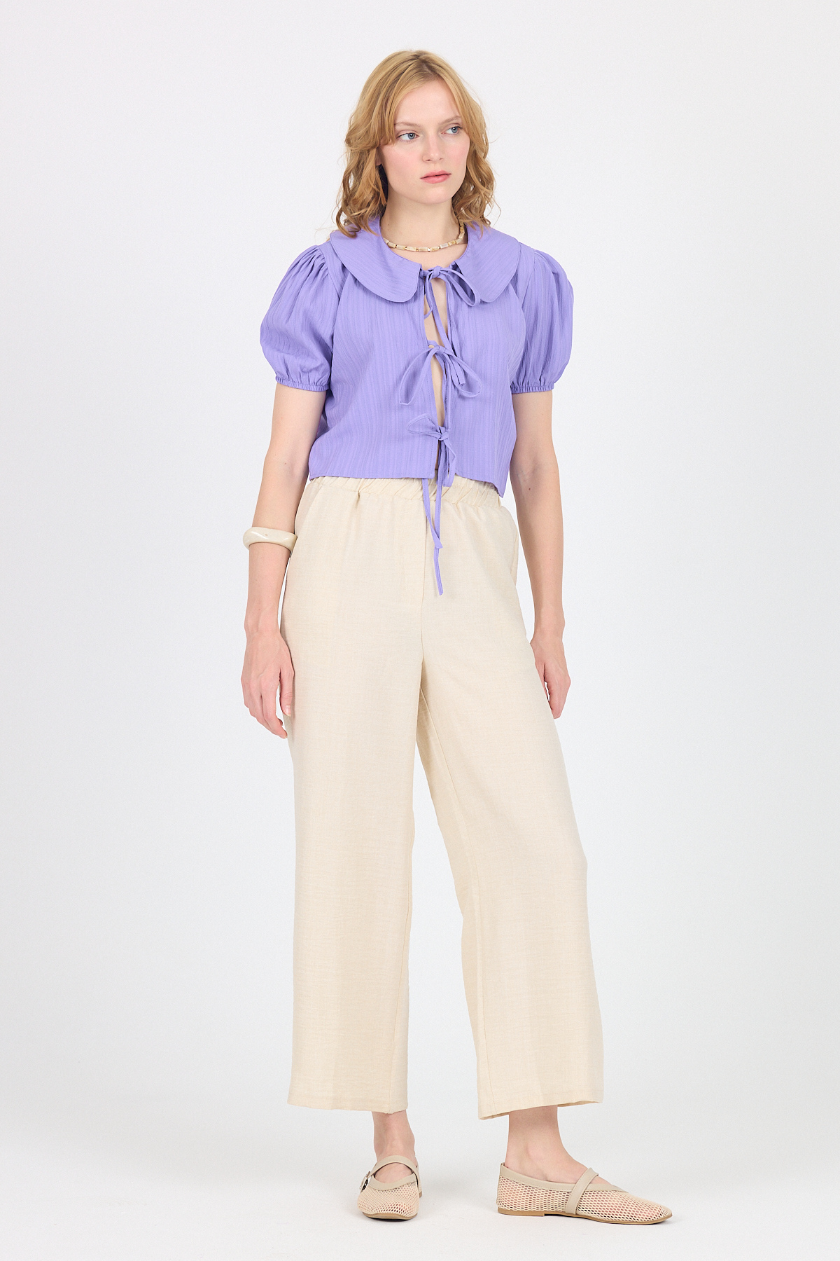 Lila Bağlama Detaylı Bebe Yaka Crop Bluz 8064 - RAYS