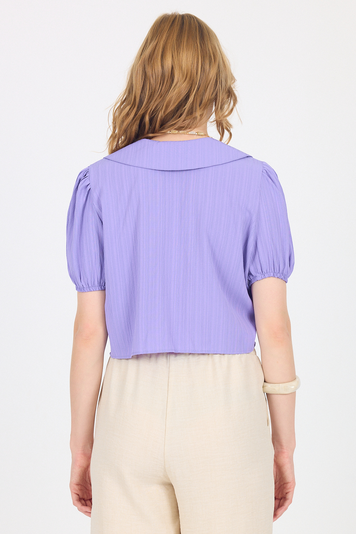 Lila Bağlama Detaylı Bebe Yaka Crop Bluz 8064 - 5