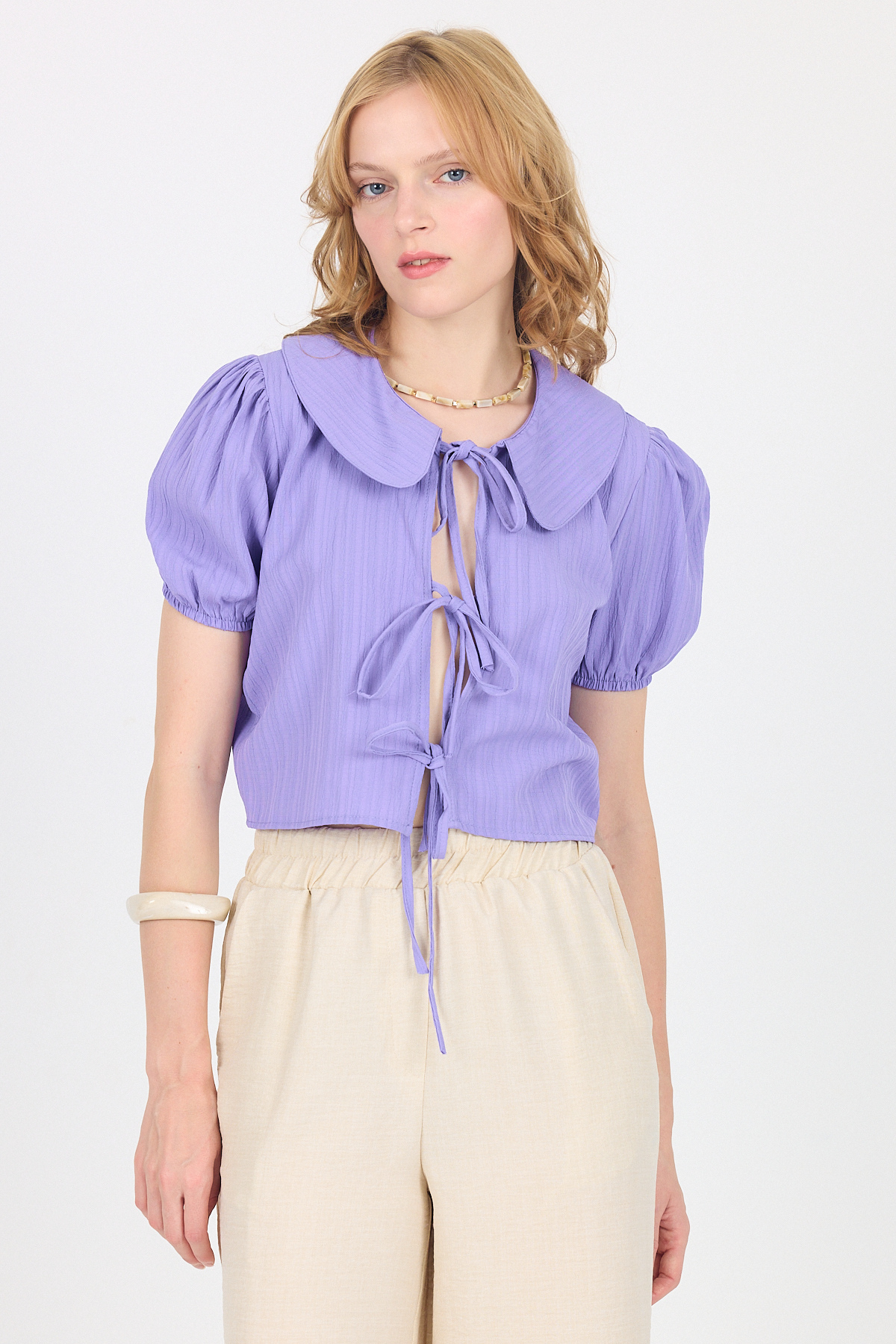 Lila Bağlama Detaylı Bebe Yaka Crop Bluz 8064 - 2