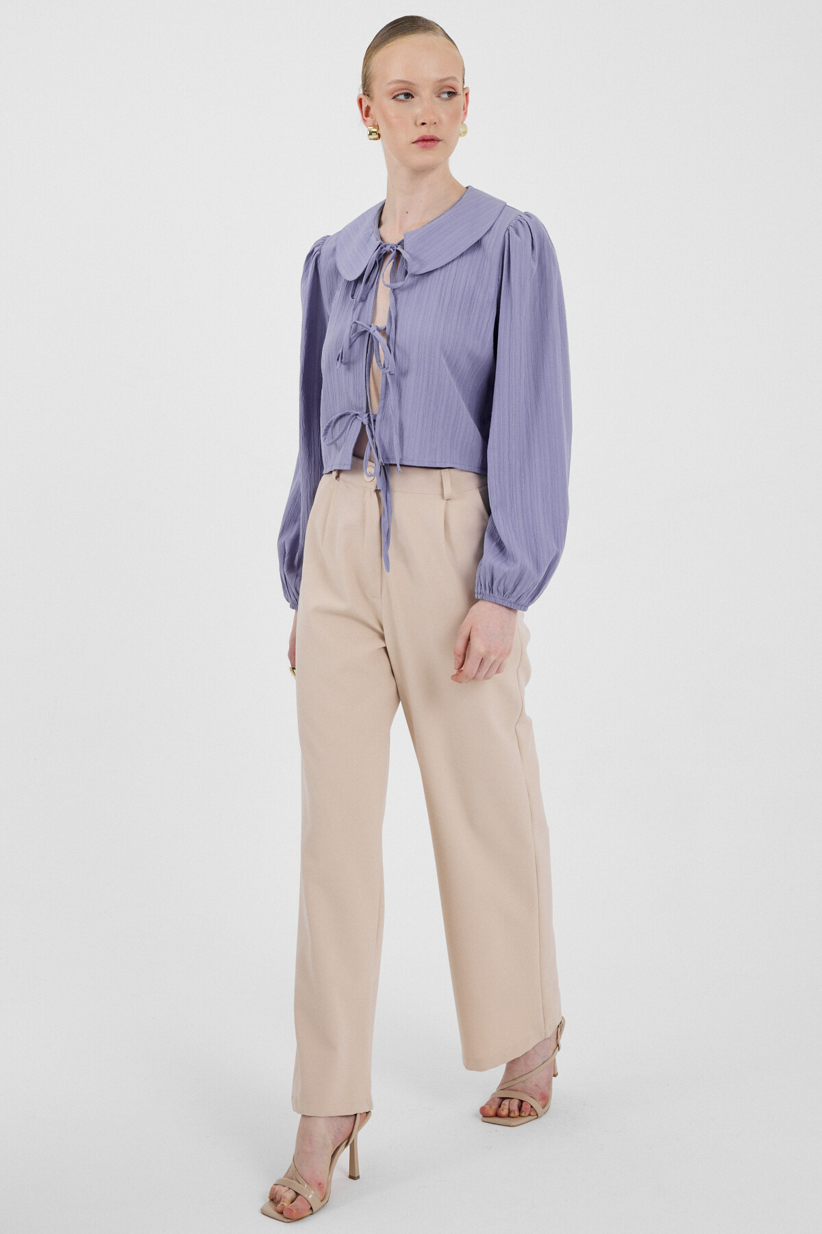 Lila Bağlama Detaylı Bebe Yaka Uzun Kollu Bluz 8020A - 2