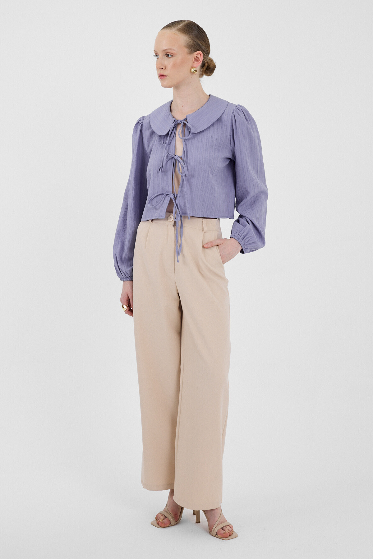 Lila Bağlama Detaylı Bebe Yaka Uzun Kollu Bluz 8020A - 3