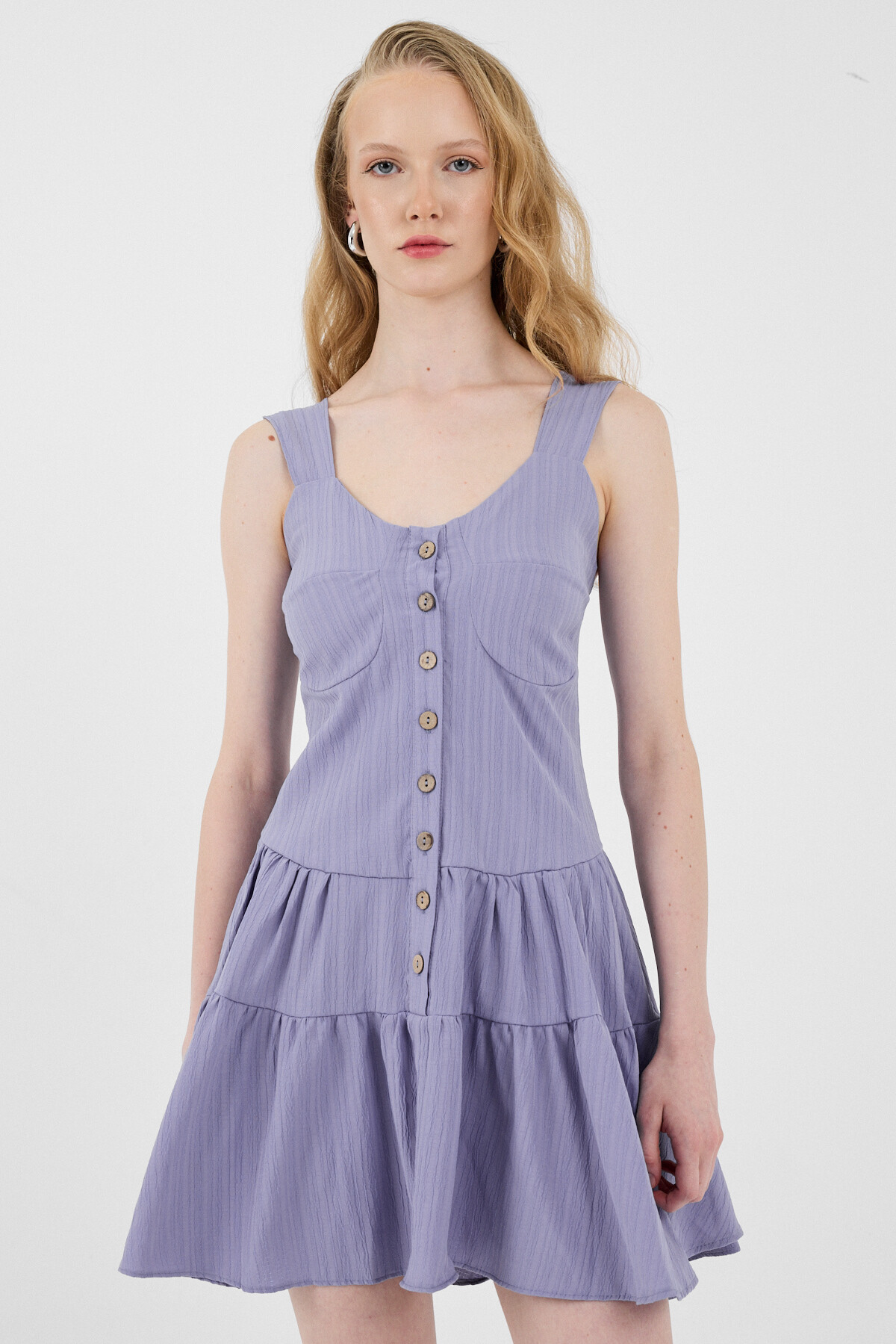 Lila Düğmeli Askılı Kat Etekli Mini Elbise 8042A - 3