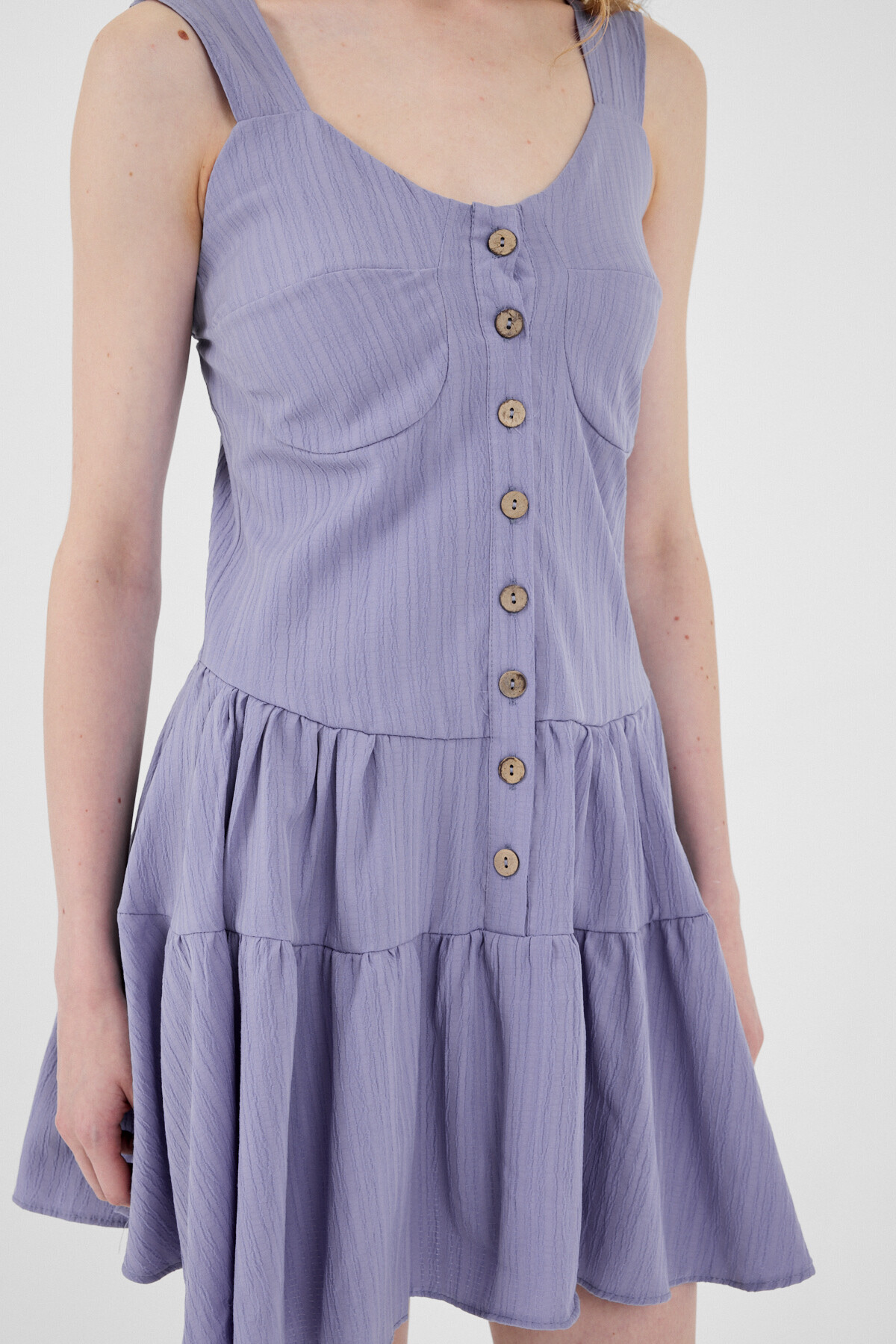 Lila Düğmeli Askılı Kat Etekli Mini Elbise 8042A - 4