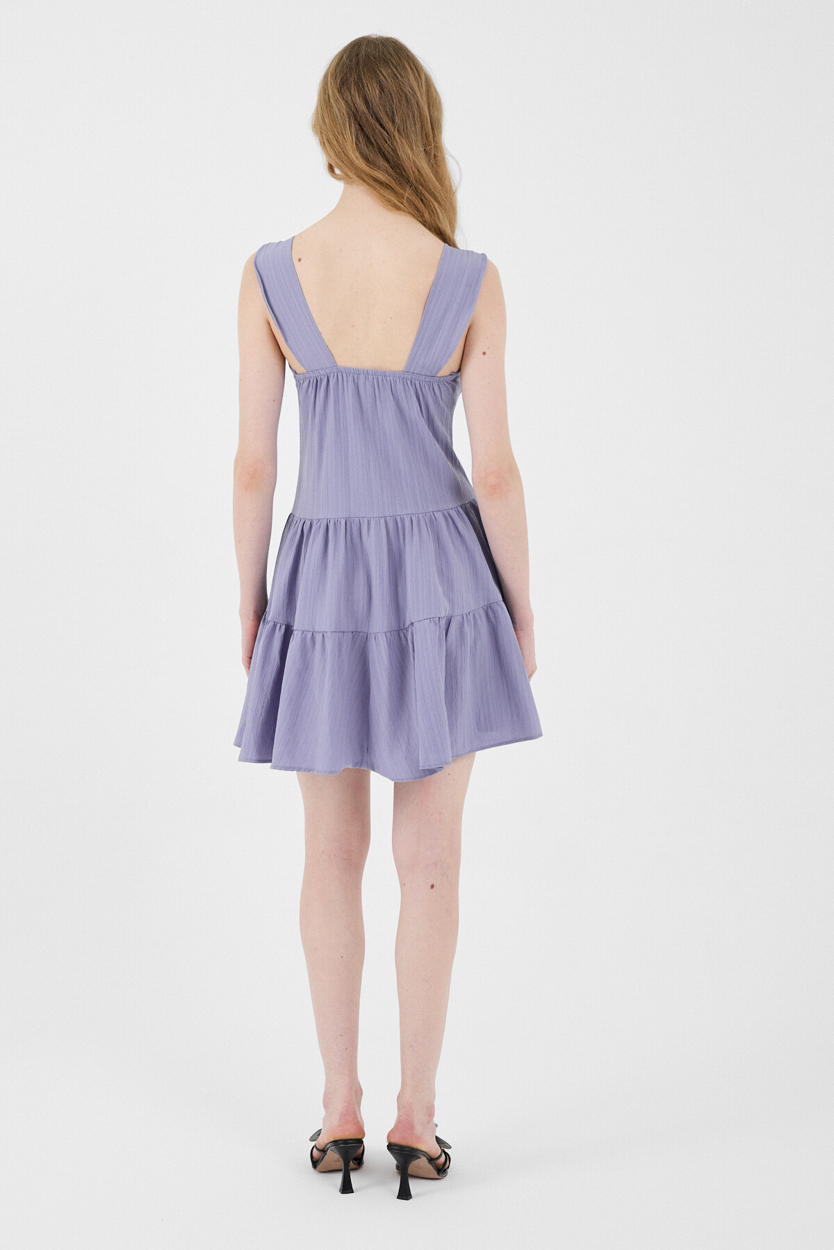 Lila Düğmeli Askılı Kat Etekli Mini Elbise 8042A - 5