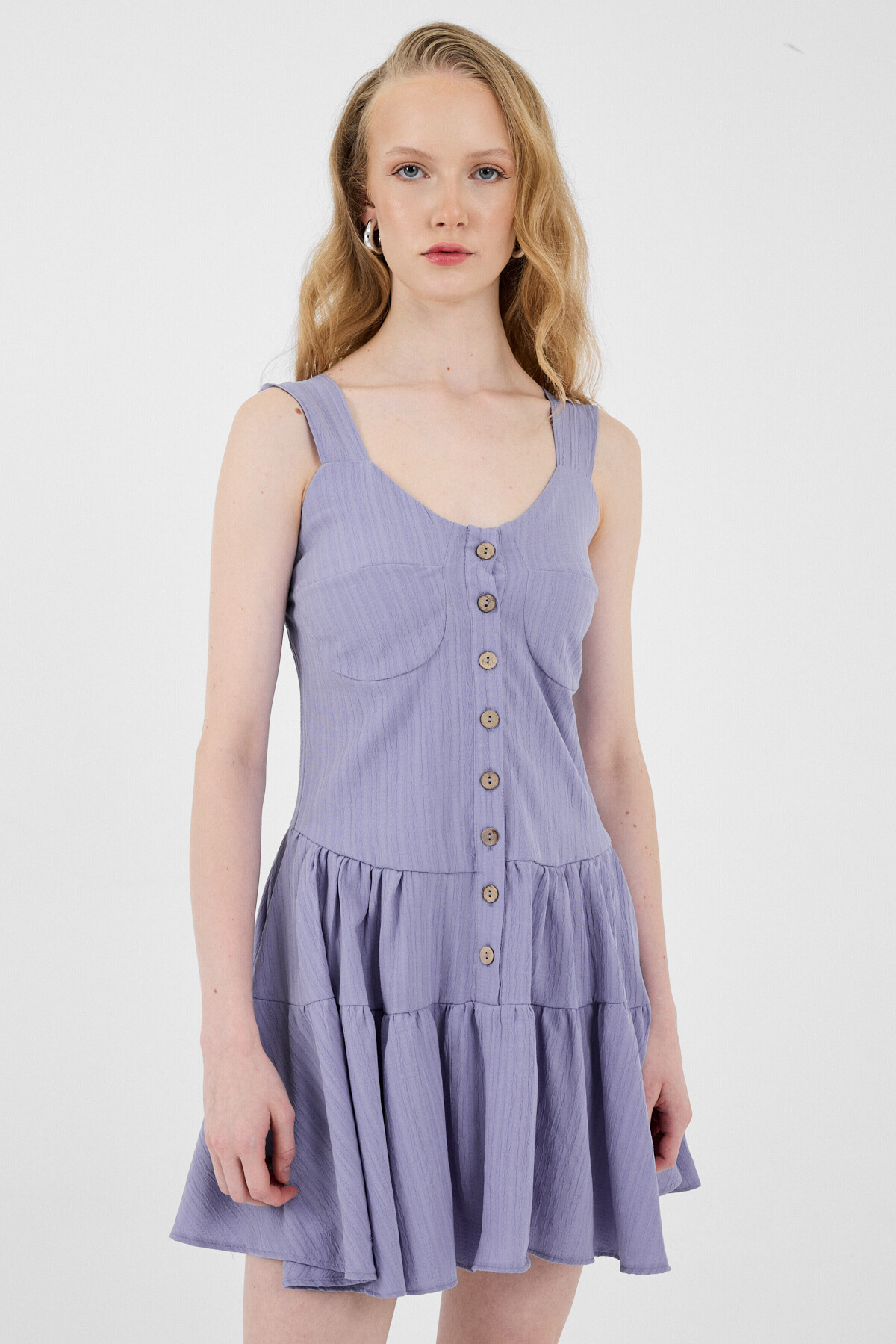 Lila Düğmeli Askılı Kat Etekli Mini Elbise 8042A - 6