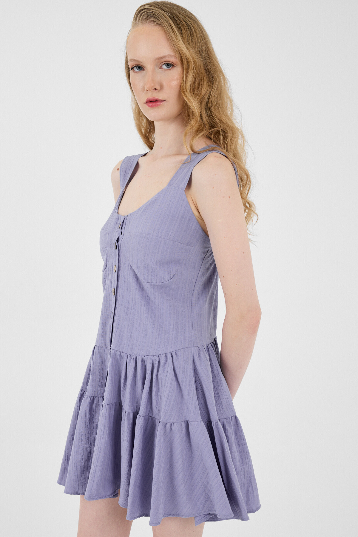 Lila Düğmeli Askılı Kat Etekli Mini Elbise 8042A - 7