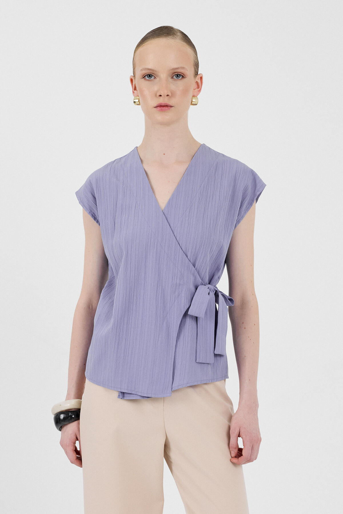 Lila Kruvaze Yaka Bağlama Detaylı Bluz 8025A - RAYS