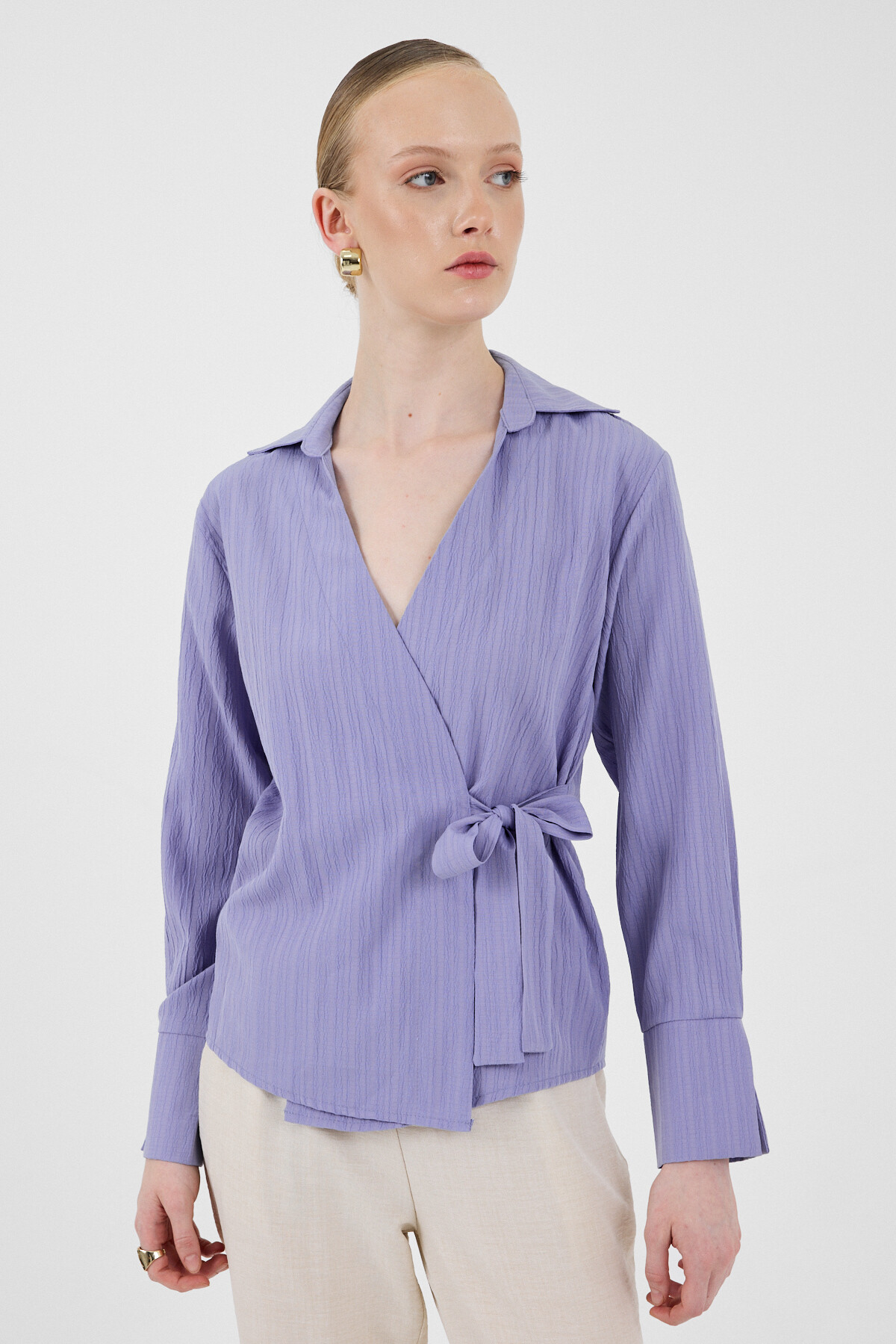 Lila Ön Bağlama Detaylı Uzun Kol Bluz 8019A - 2