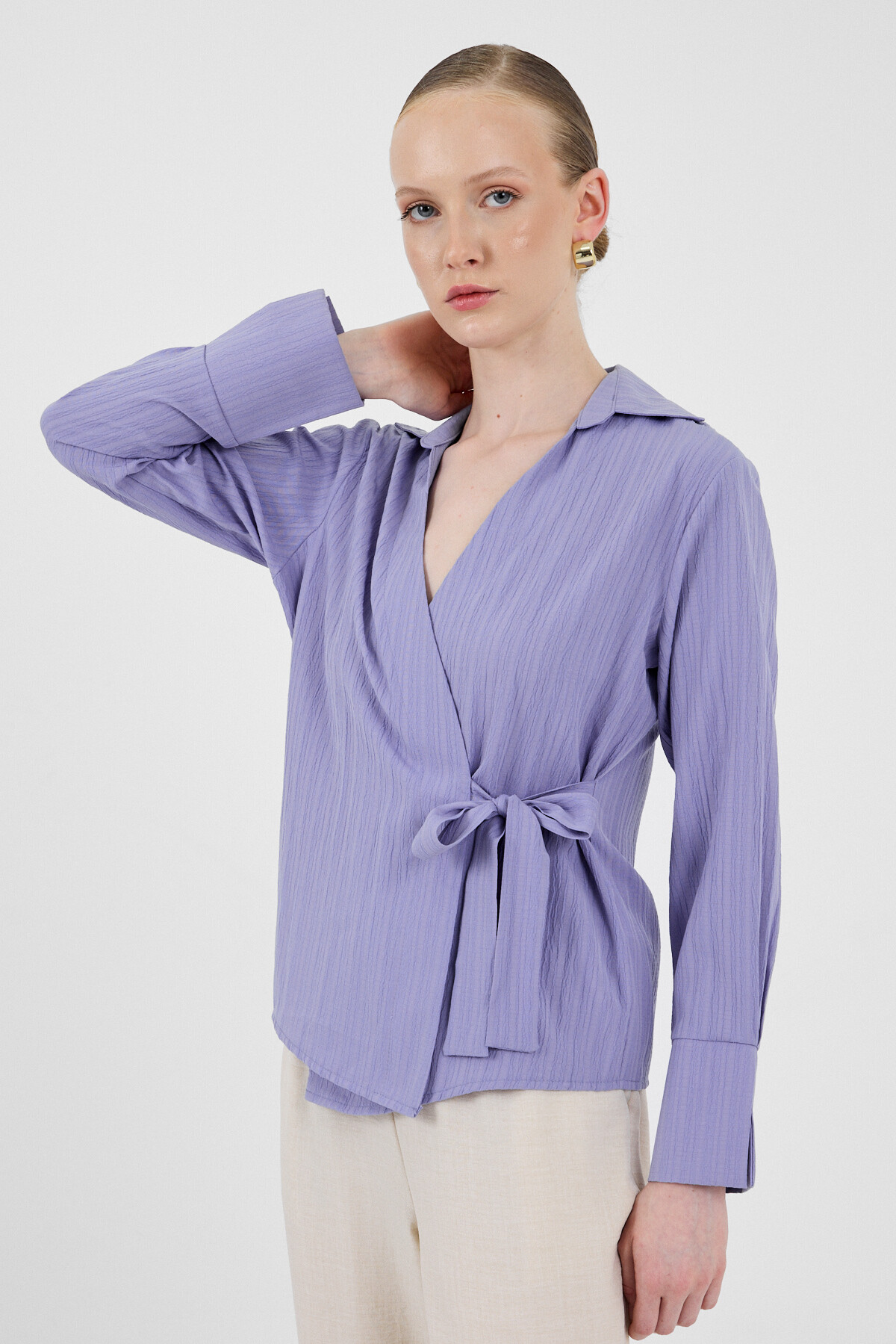 Lila Ön Bağlama Detaylı Uzun Kol Bluz 8019A - 1