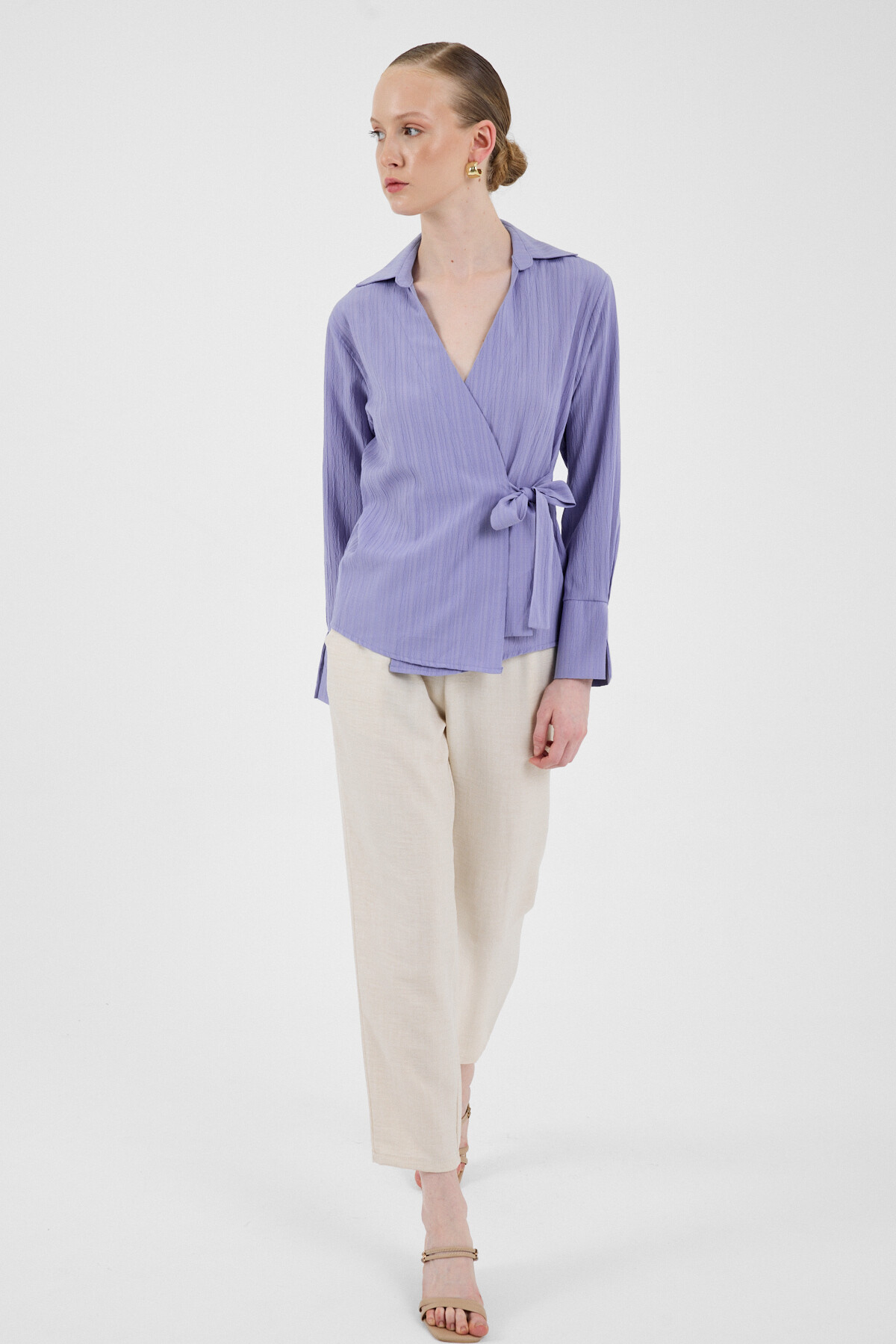 Lila Ön Bağlama Detaylı Uzun Kol Bluz 8019A - RAYS