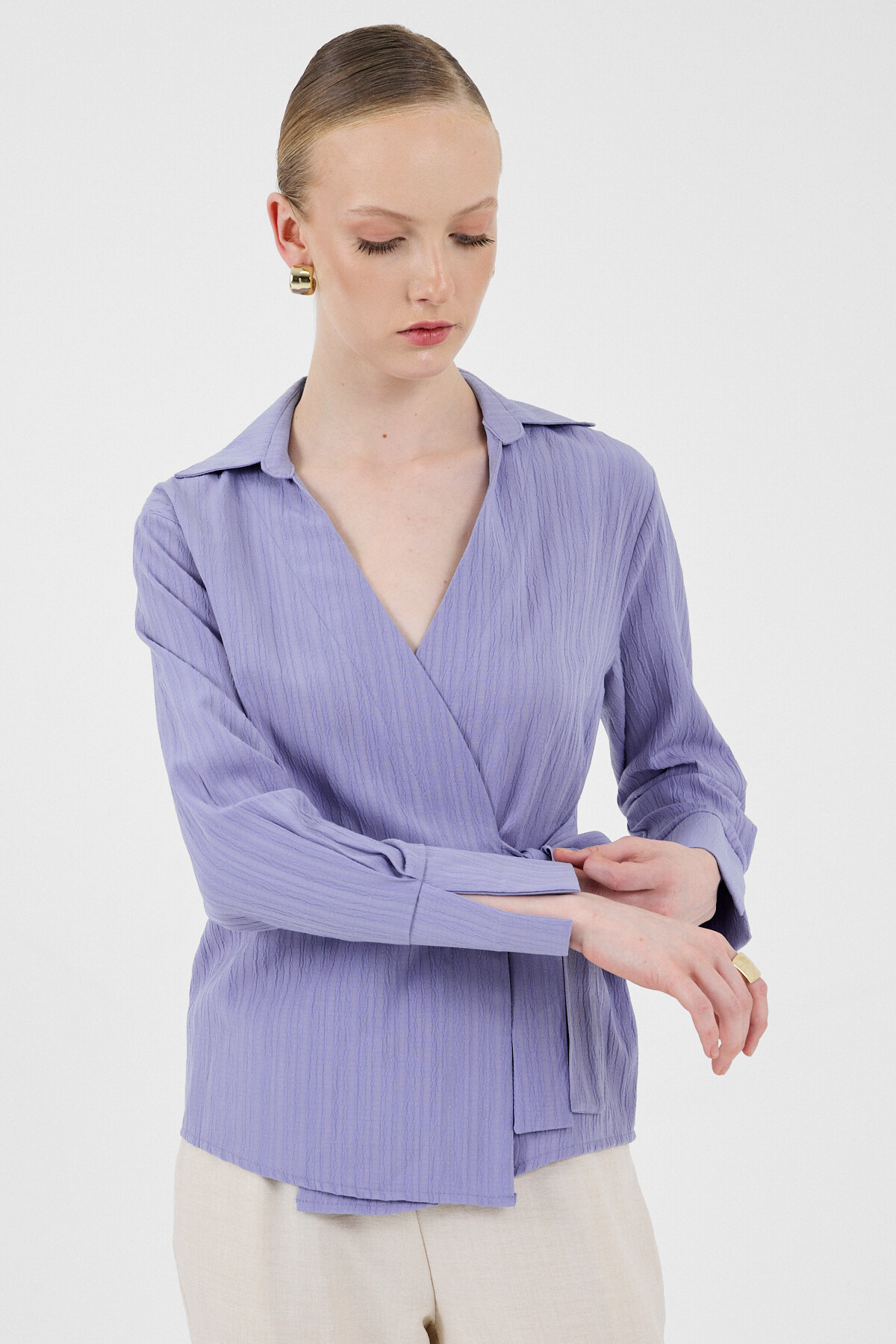 Lila Ön Bağlama Detaylı Uzun Kol Bluz 8019A - RAYS