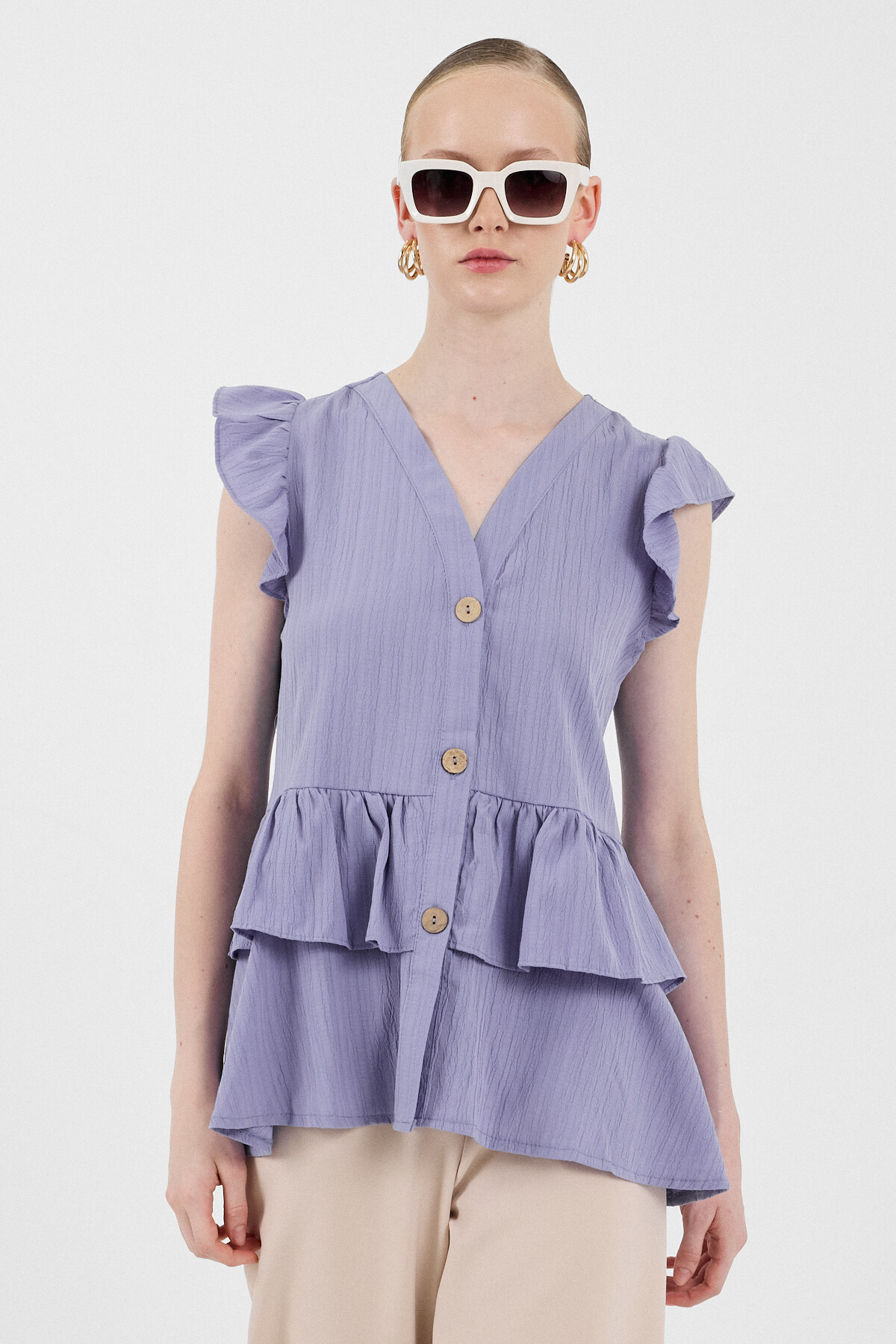 Lila V Yaka Düğmeli Fırfır Kol Bluz 8052A 