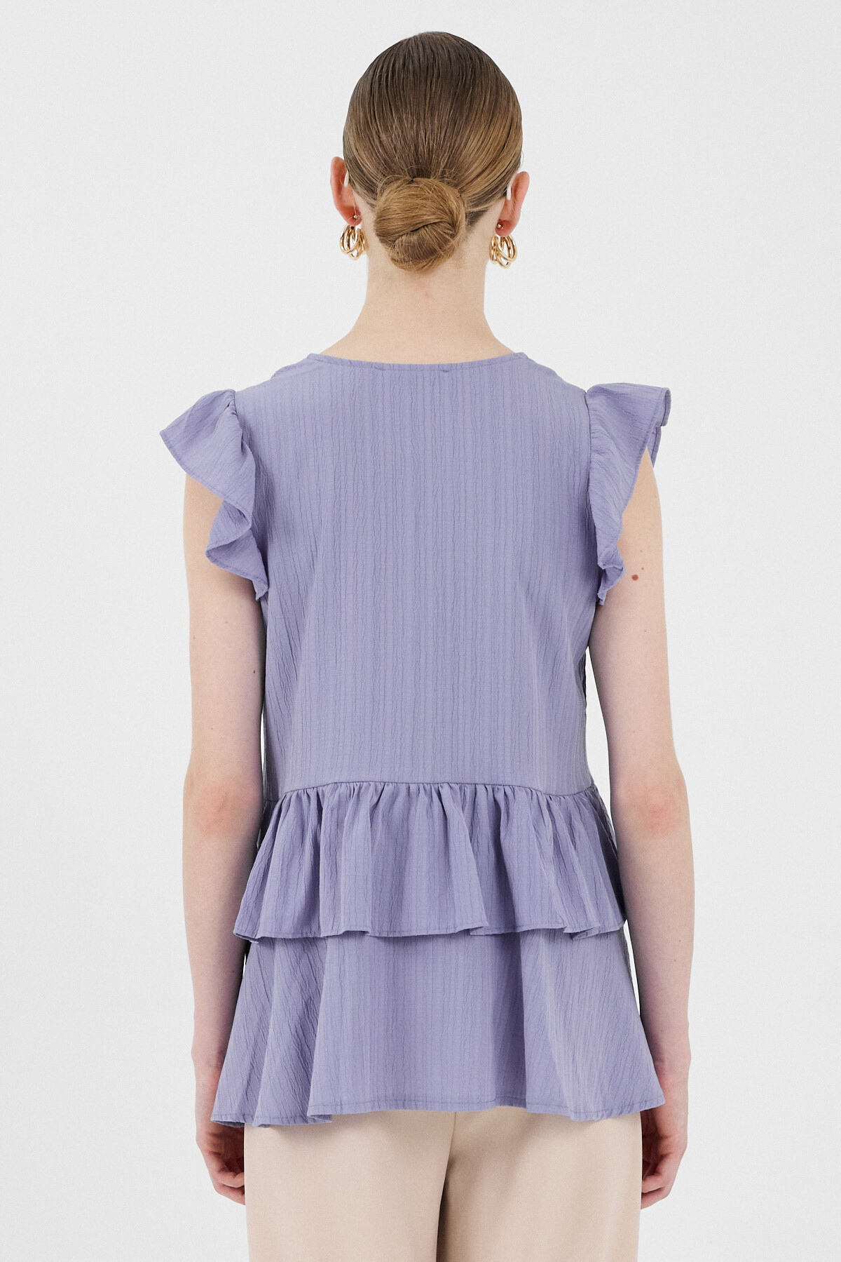 Lila V Yaka Düğmeli Fırfır Kol Bluz 8052A - 5