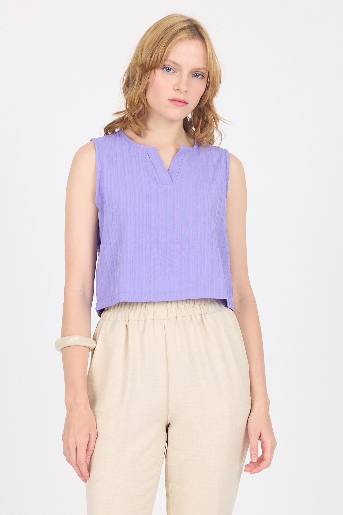 Lila V Yaka Kolsuz Crop Bluz 8027 - 1