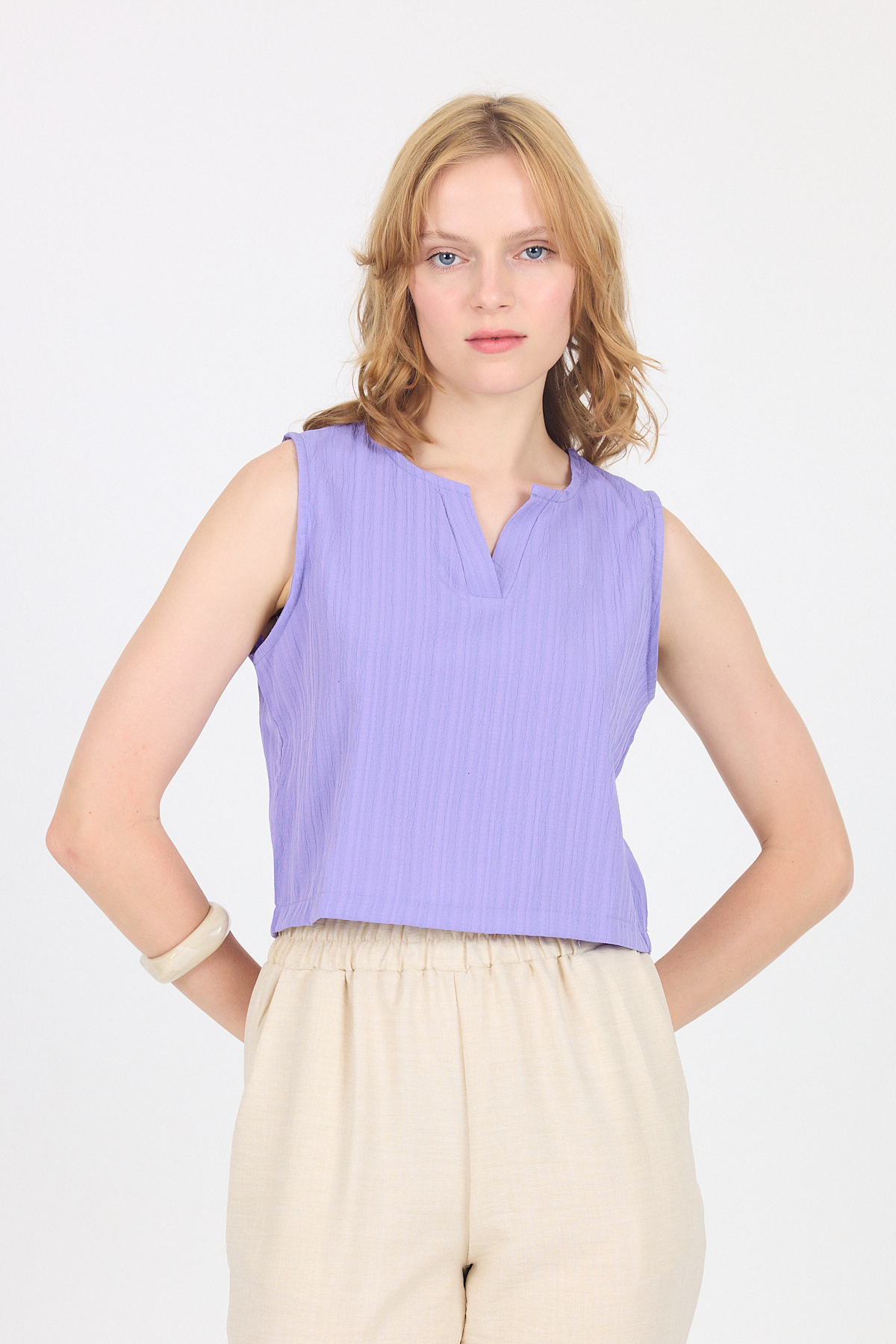 Lila V Yaka Kolsuz Crop Bluz 8027 - 2