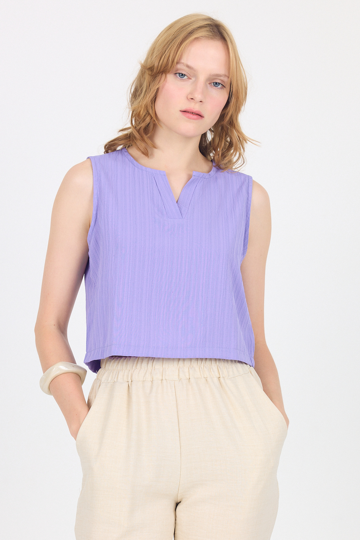 Lila V Yaka Kolsuz Crop Bluz 8027 - 7