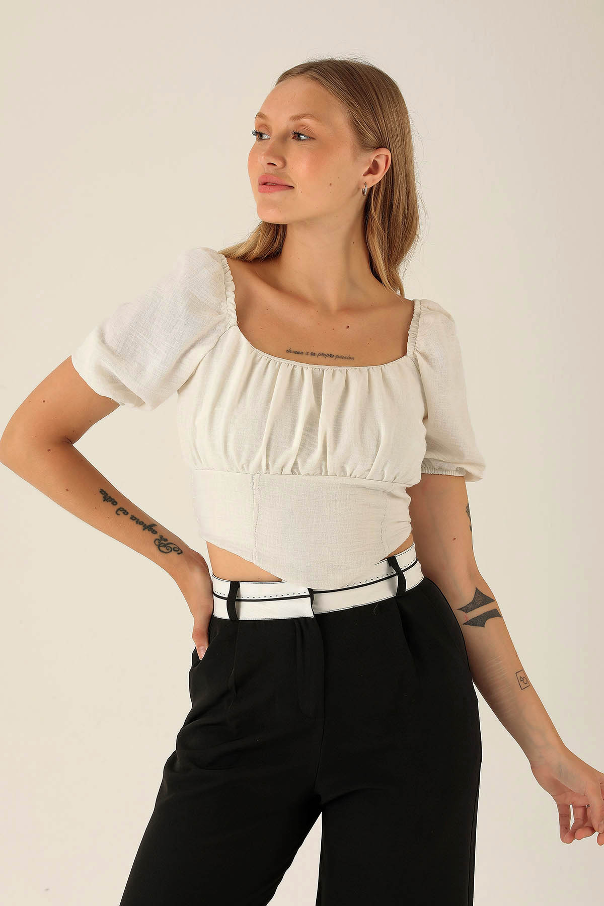 Madonna Yaka Keten Bluz - 10414 Beyaz - 1