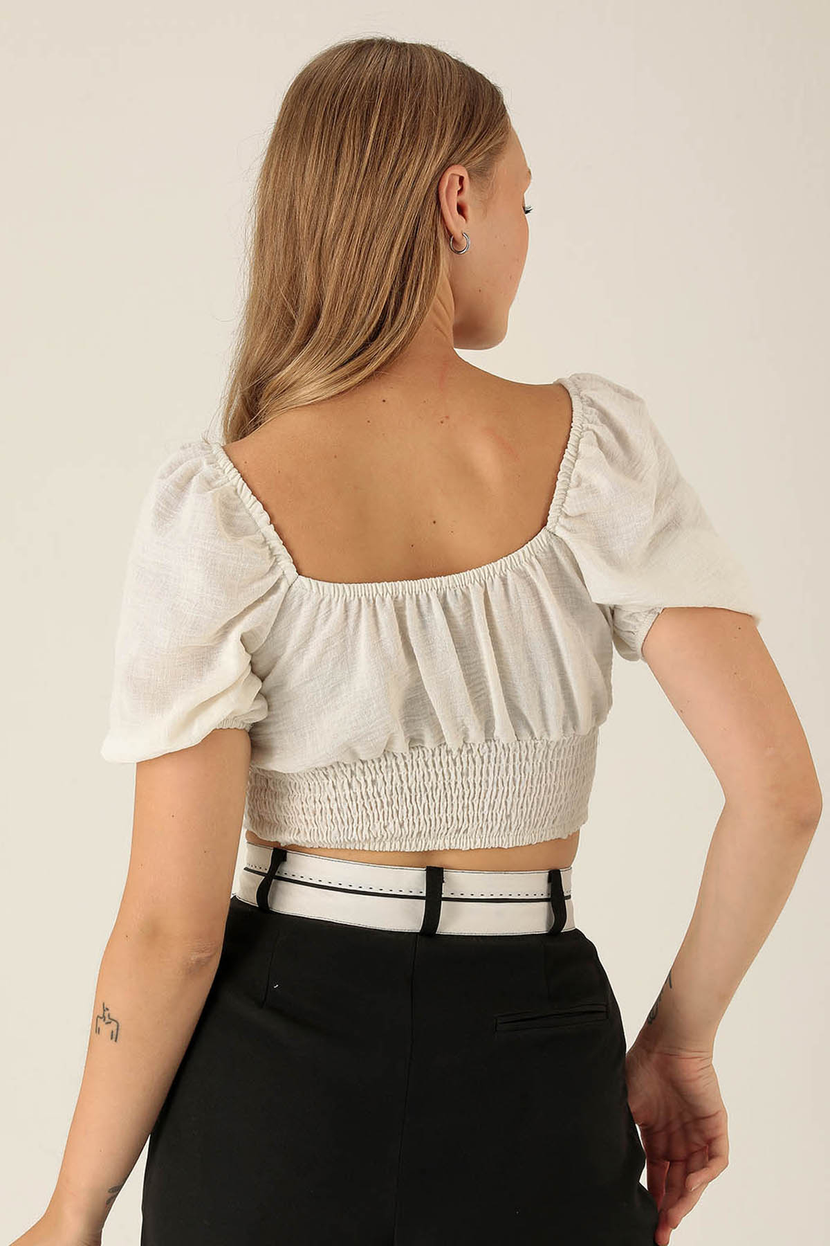 Madonna Yaka Keten Bluz - 10414 Beyaz - 3