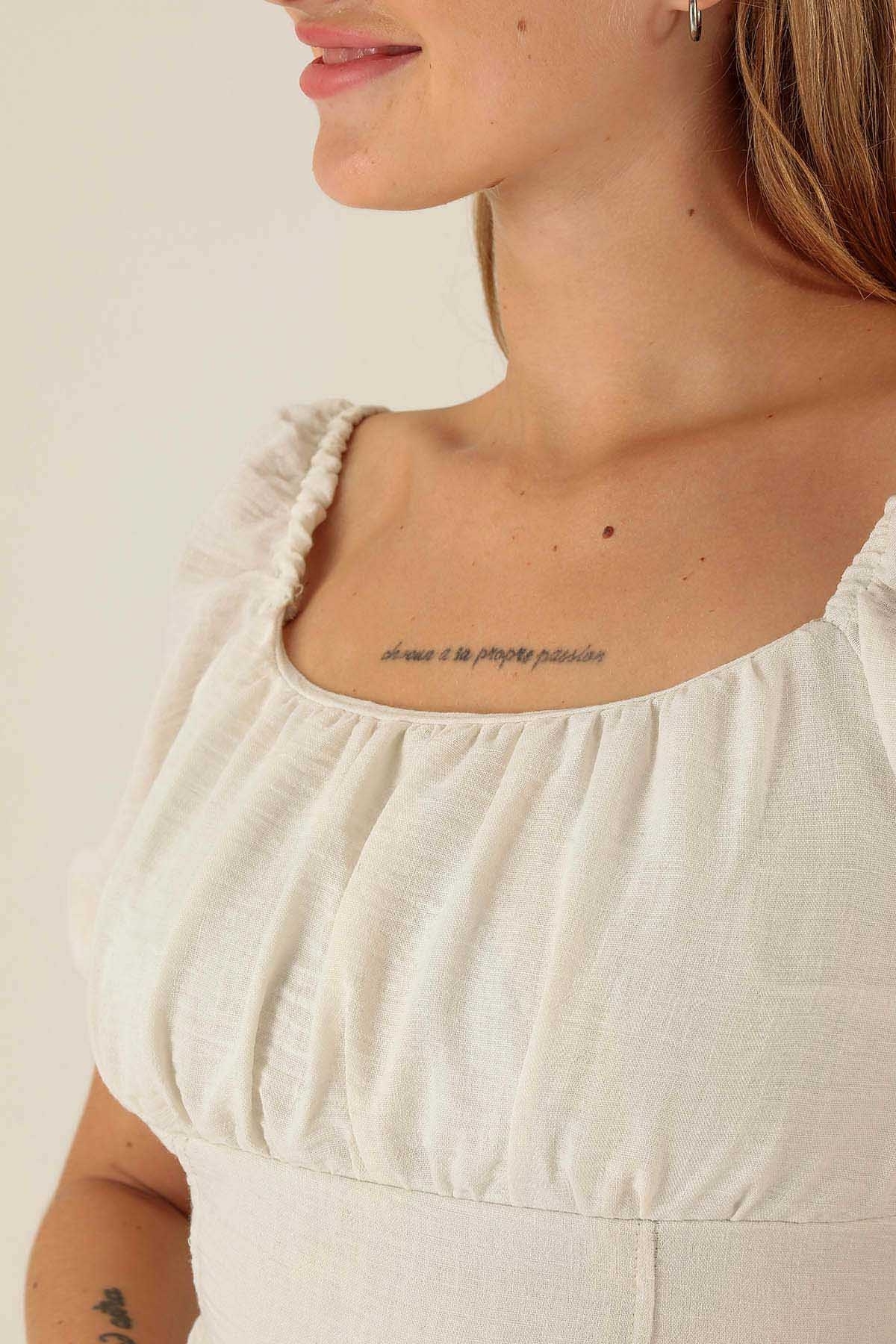 Madonna Yaka Keten Bluz - 10414 Beyaz - 6