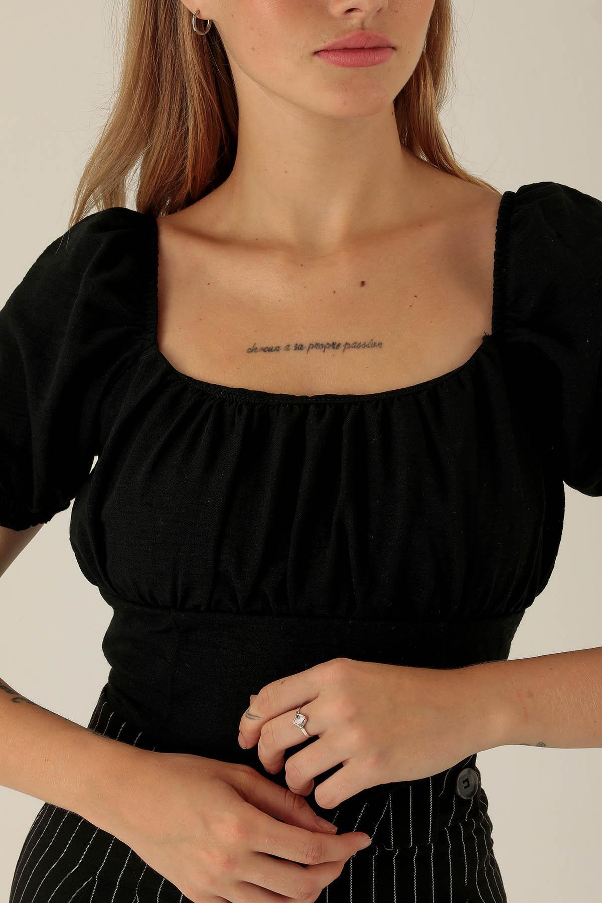 Madonna Yaka Keten Bluz - 10414 Siyah - 4